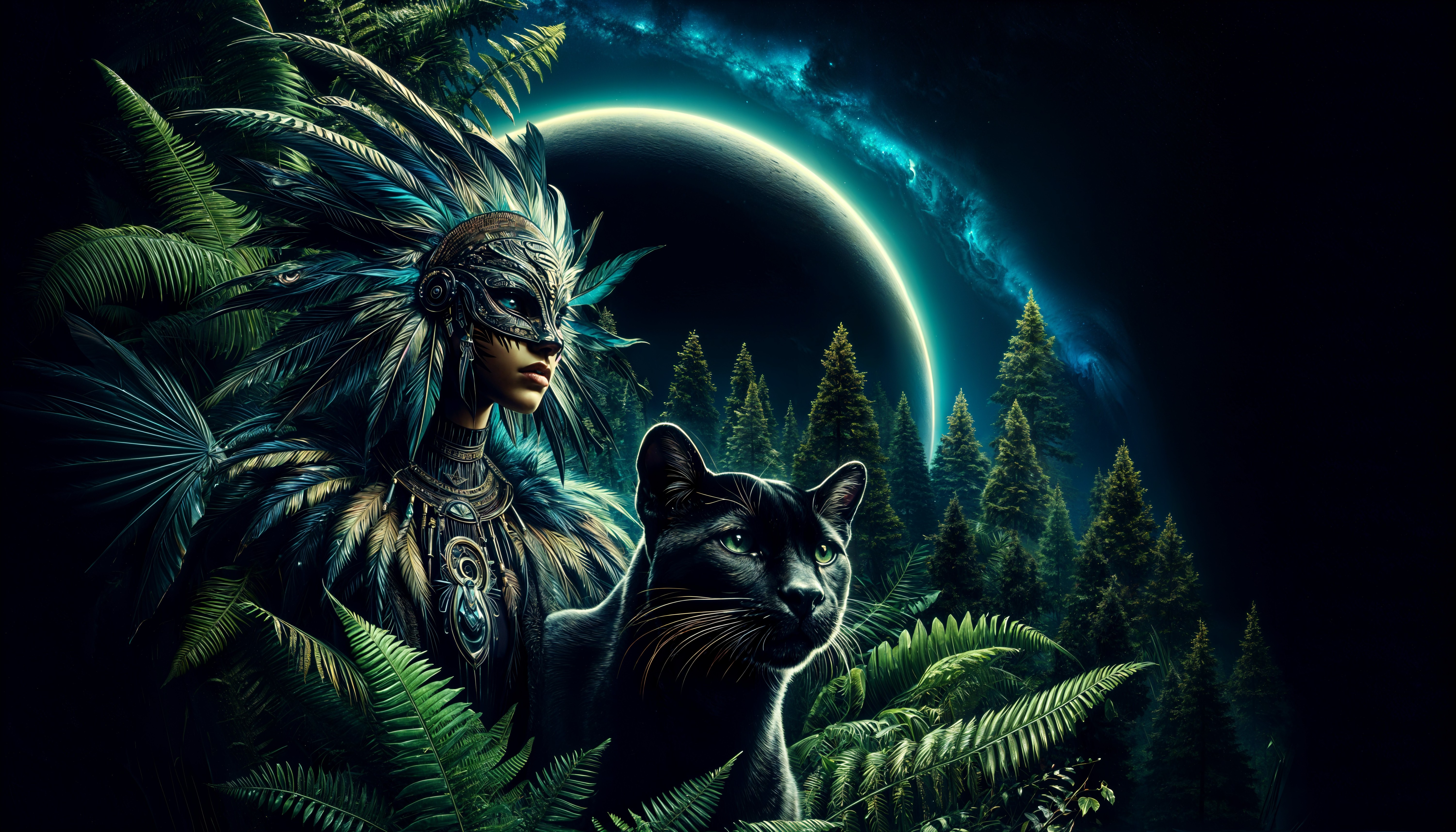 Nocturnal Scene with Humanoid Figure and Panther