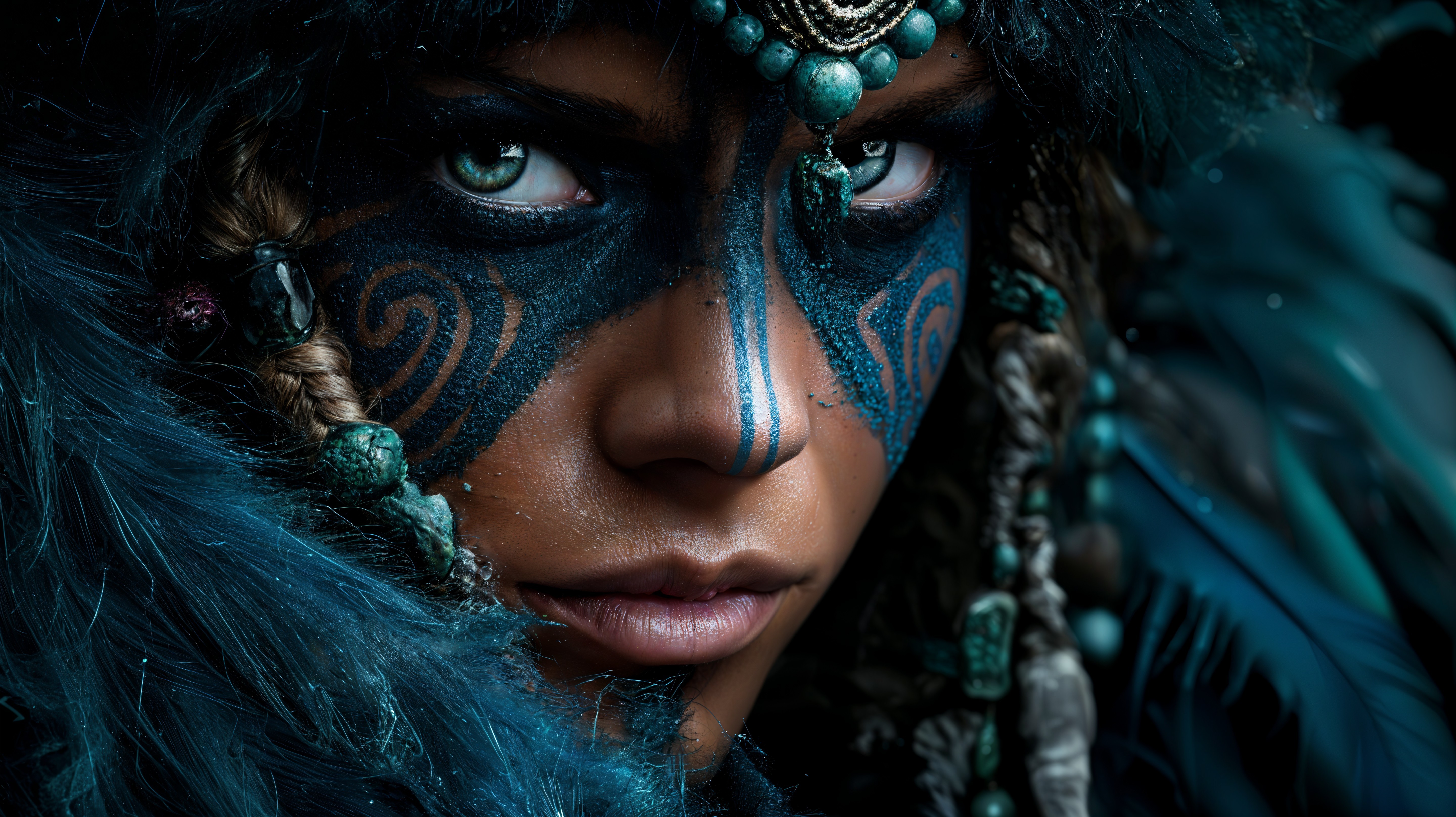 Close-up of Individual with Green Eyes and Facial Paint