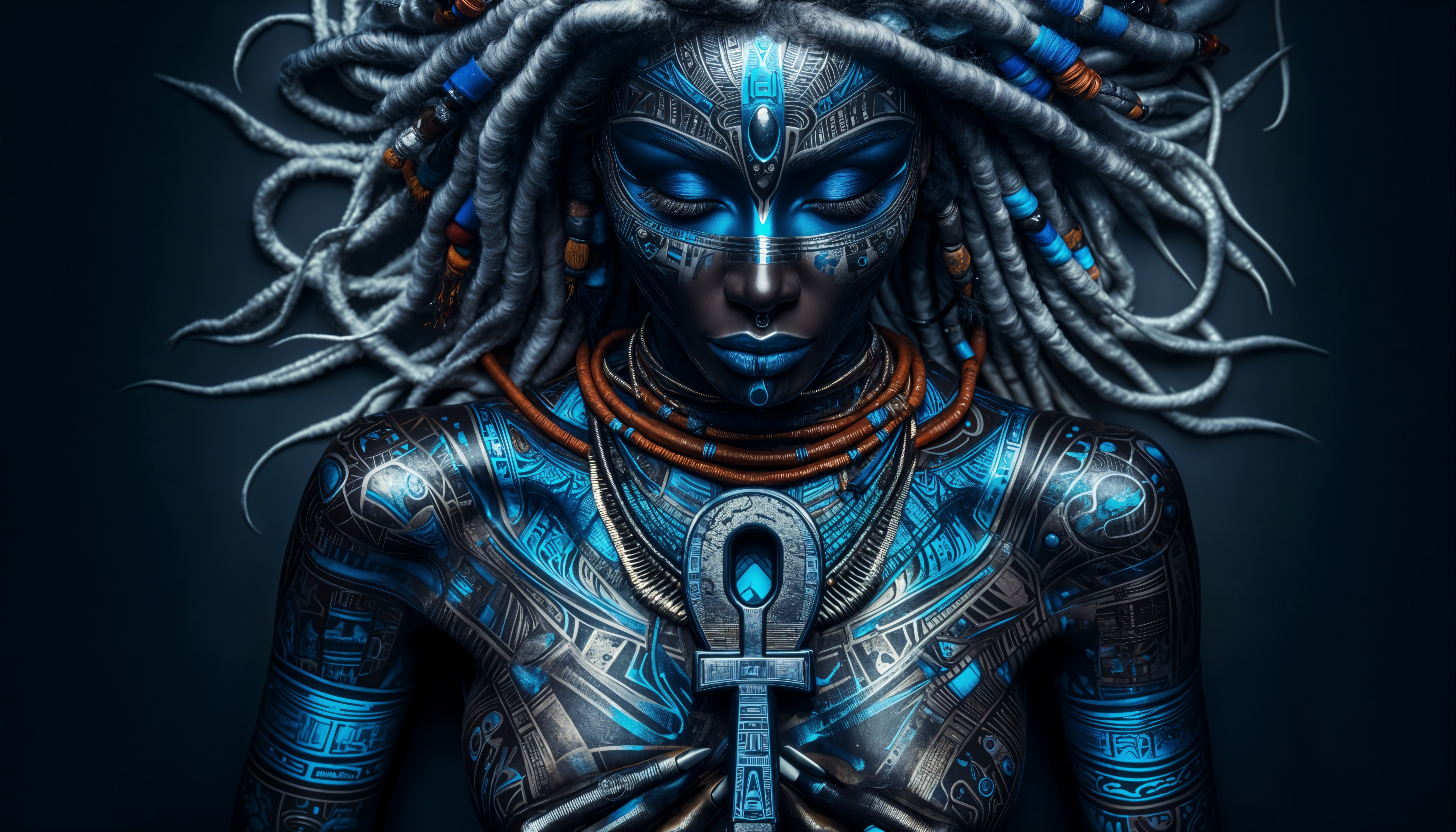 Figure with Blue and Gold Body Paint and Dreadlocks