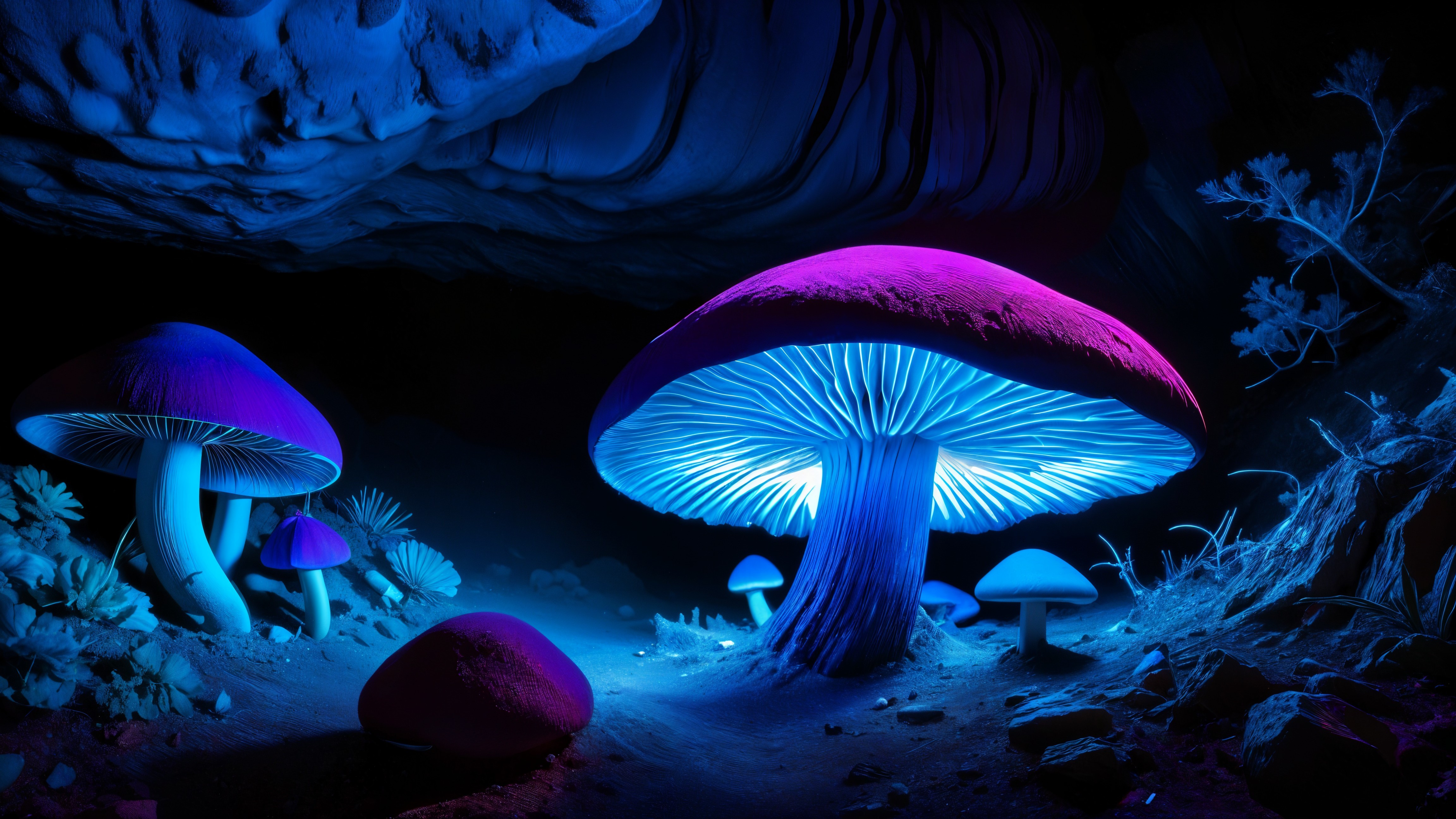 Whimsical Underground Scene with Oversized Mushrooms