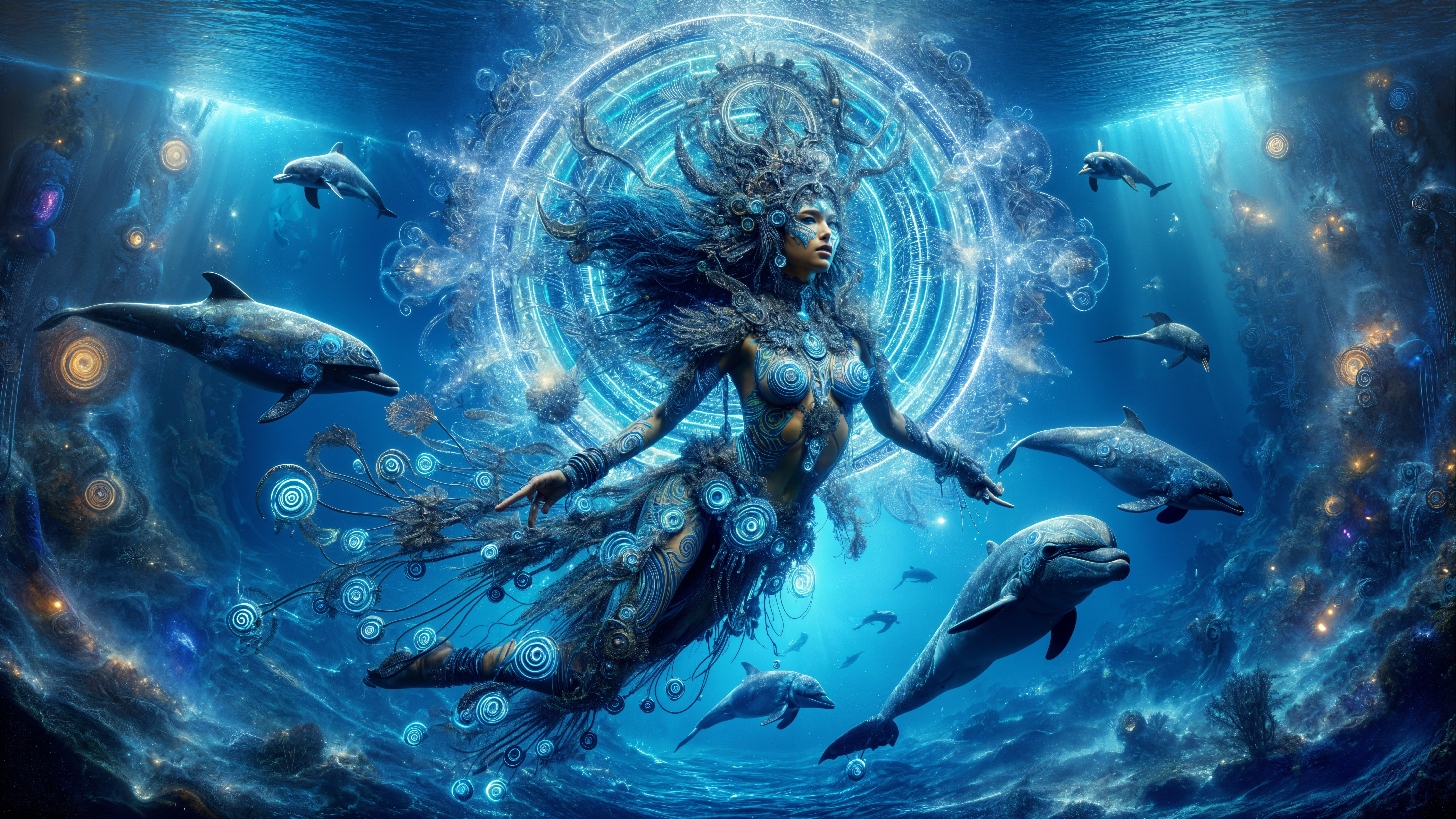 Mystical Underwater Scene with Majestic Figure and Dolphins