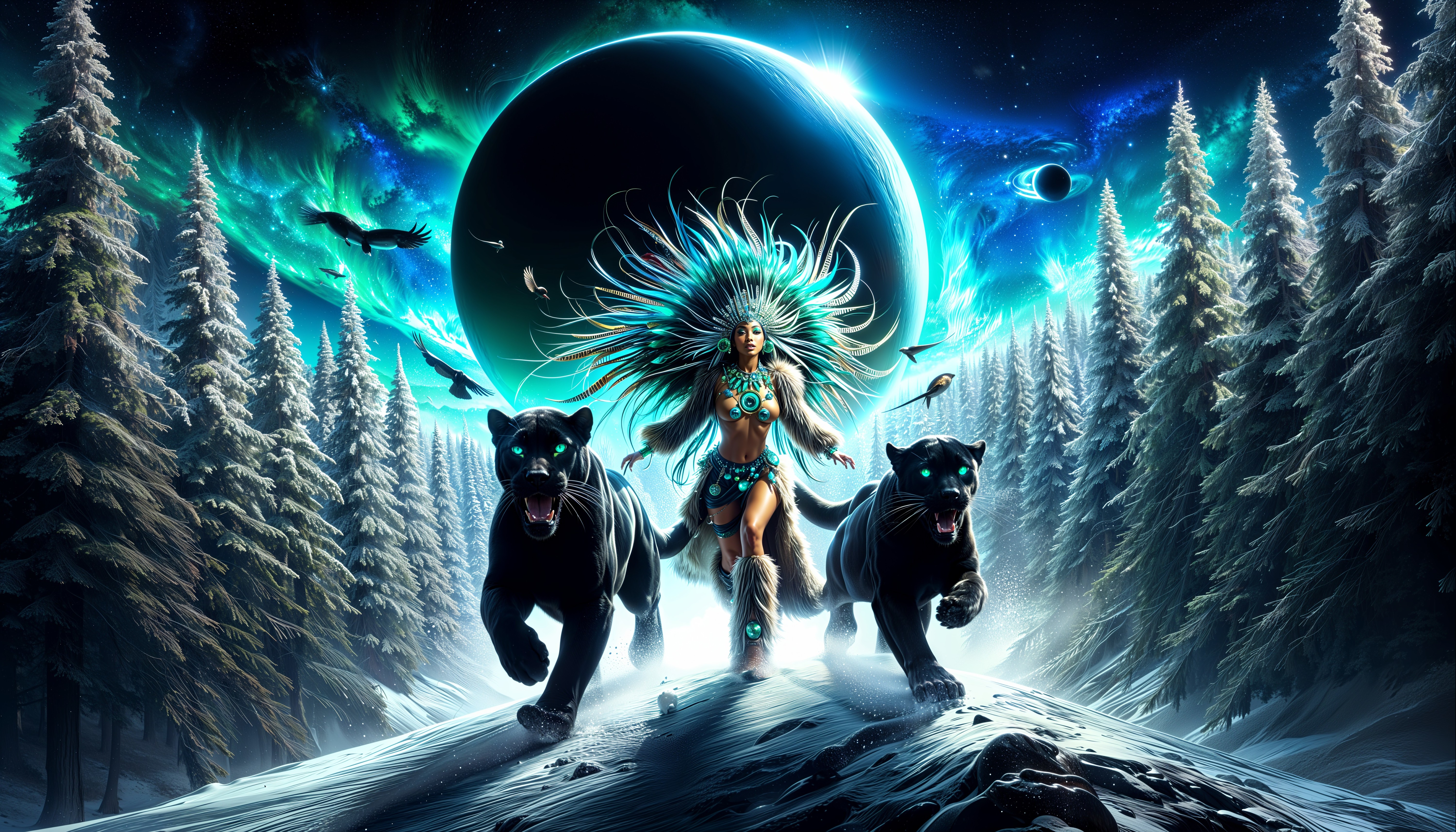 Mystical Woman with Panthers in Snowy Landscape