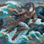 Fierce warrior with panthers and owls in ocean waves