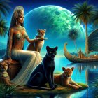 Regal Figure with Leopards by Moonlit River Scene