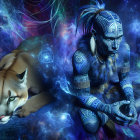 Meditative Figure and Cougar in Cosmic Landscape