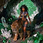 Tribal Figure with Lioness in Emerald Crystal Cave