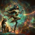 Vibrant Scene of Woman, Tiger, and Celestial Patterns