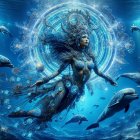Underwater Tribal Goddess Surrounded by Dolphins