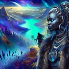 Ethereal Scene with Adorned Figure and Vibrant Landscape