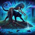 Mystical forest scene with ethereal figure and panther