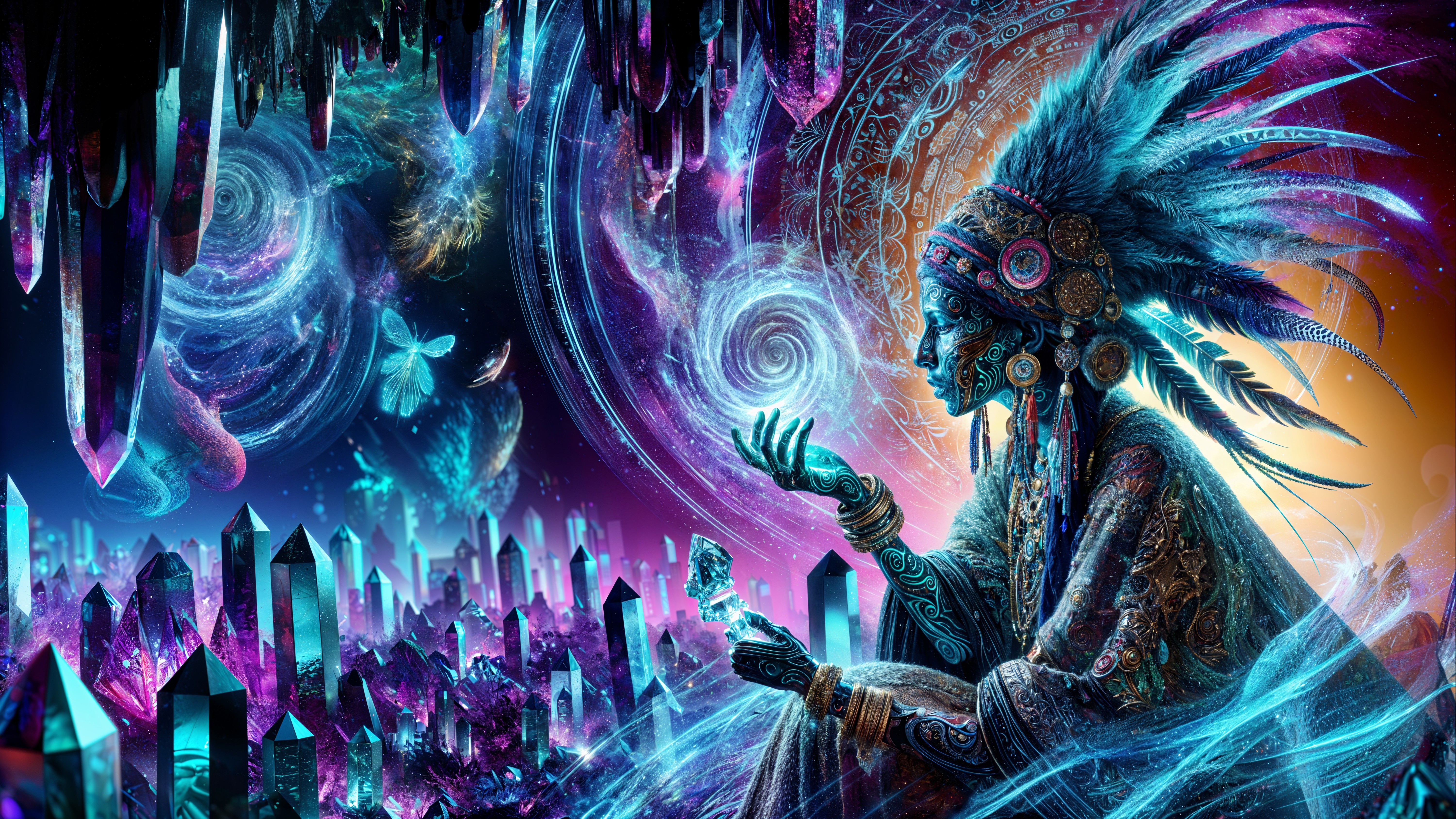 Mystical Figure in Vibrant Tribal Attire Surrounded by Crystals