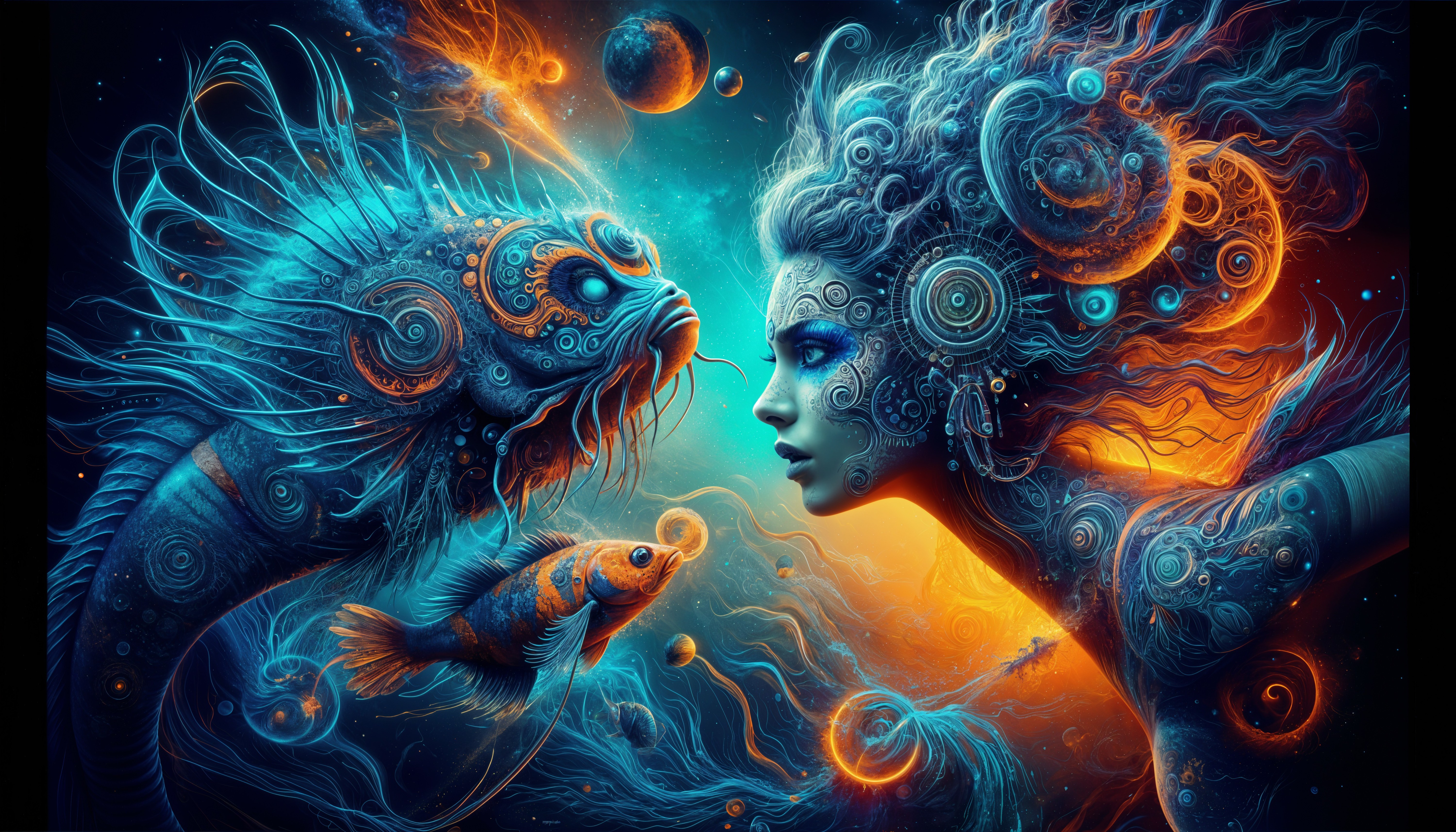 Surreal Cosmic Scene with Woman and Detailed Fish