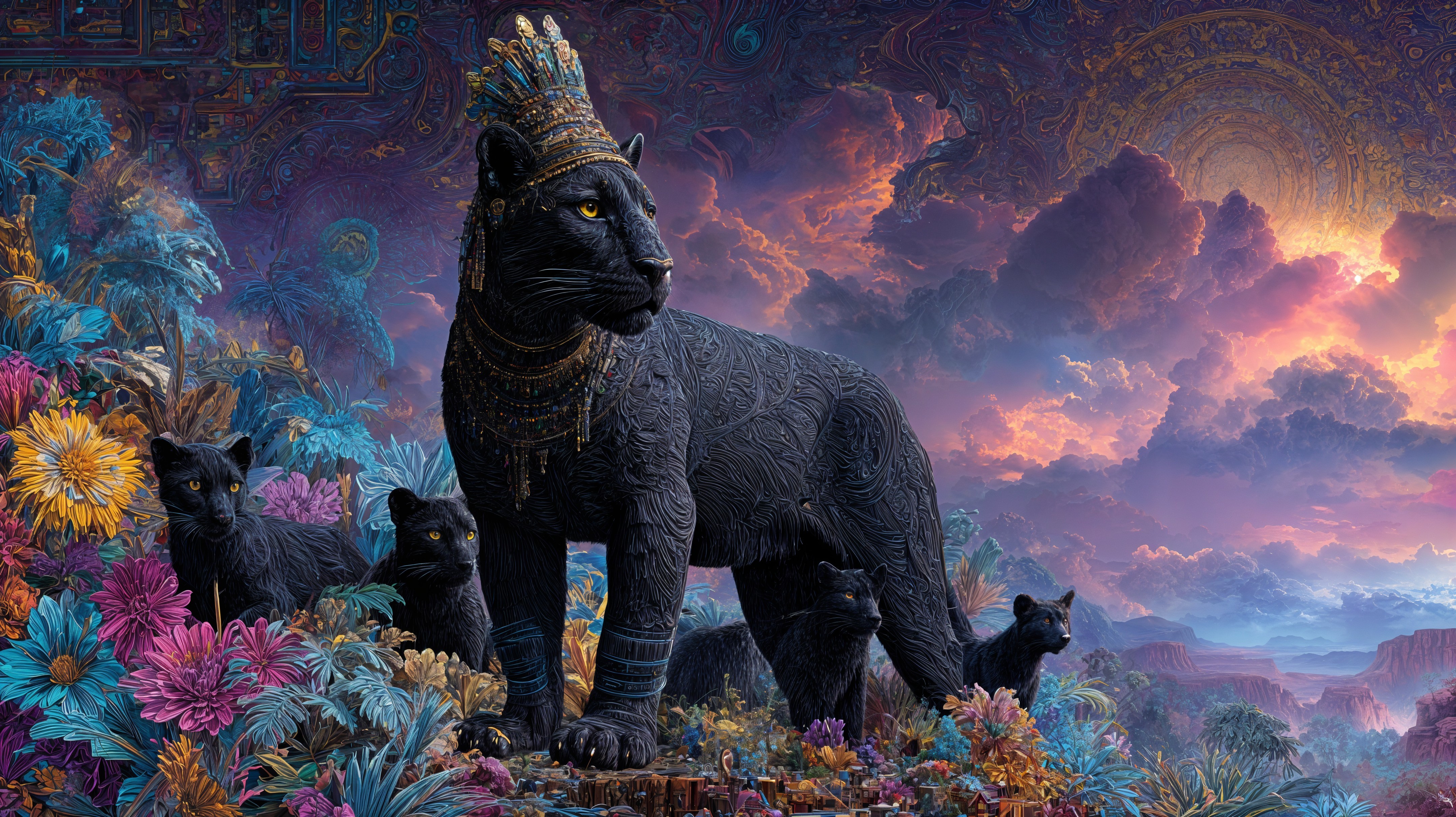 Majestic black panther in a vibrant floral landscape