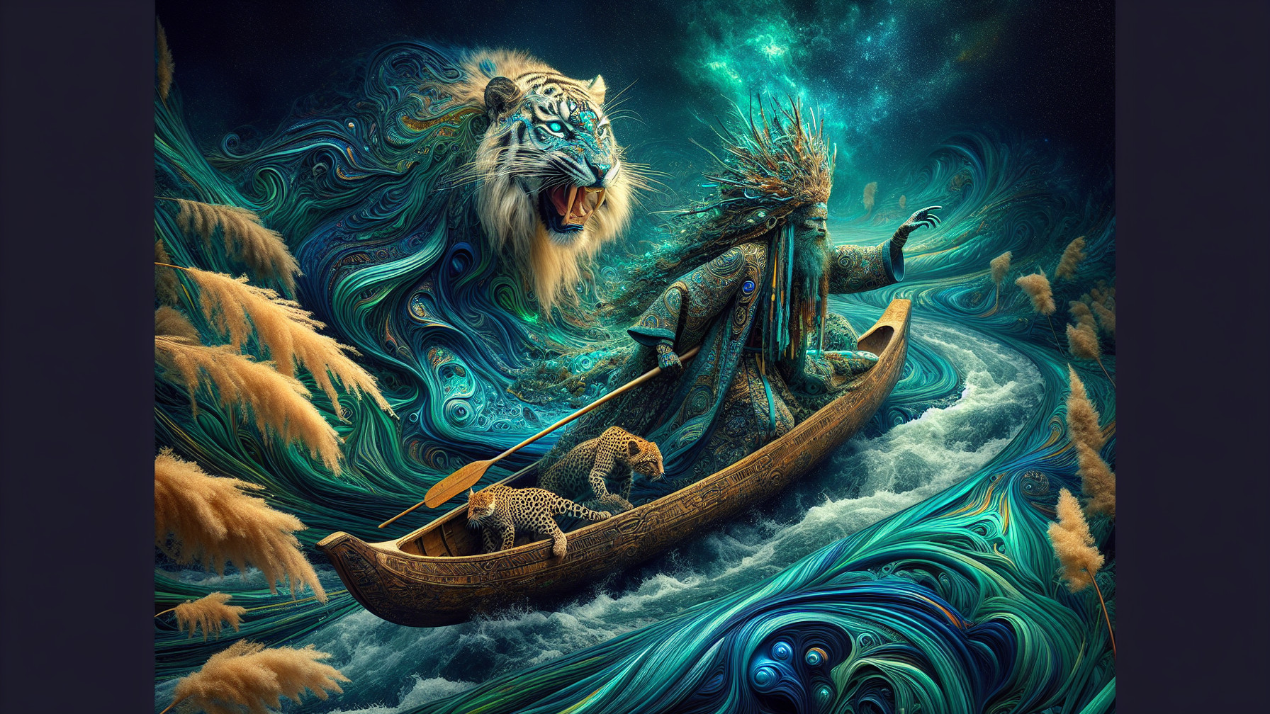 Mystical Scene with Figure, Tiger, and Leopard
