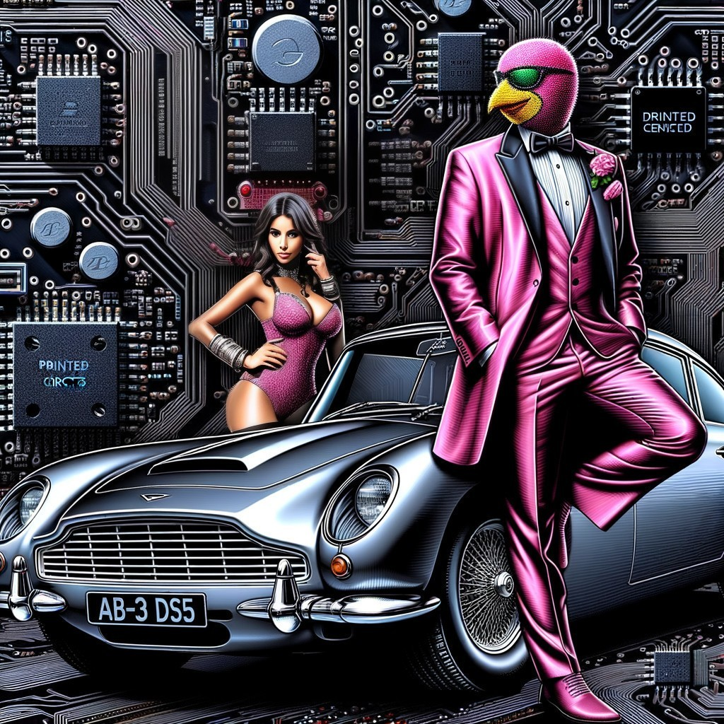 Bird-Headed Man and Woman by Classic Car with Circuit Board
