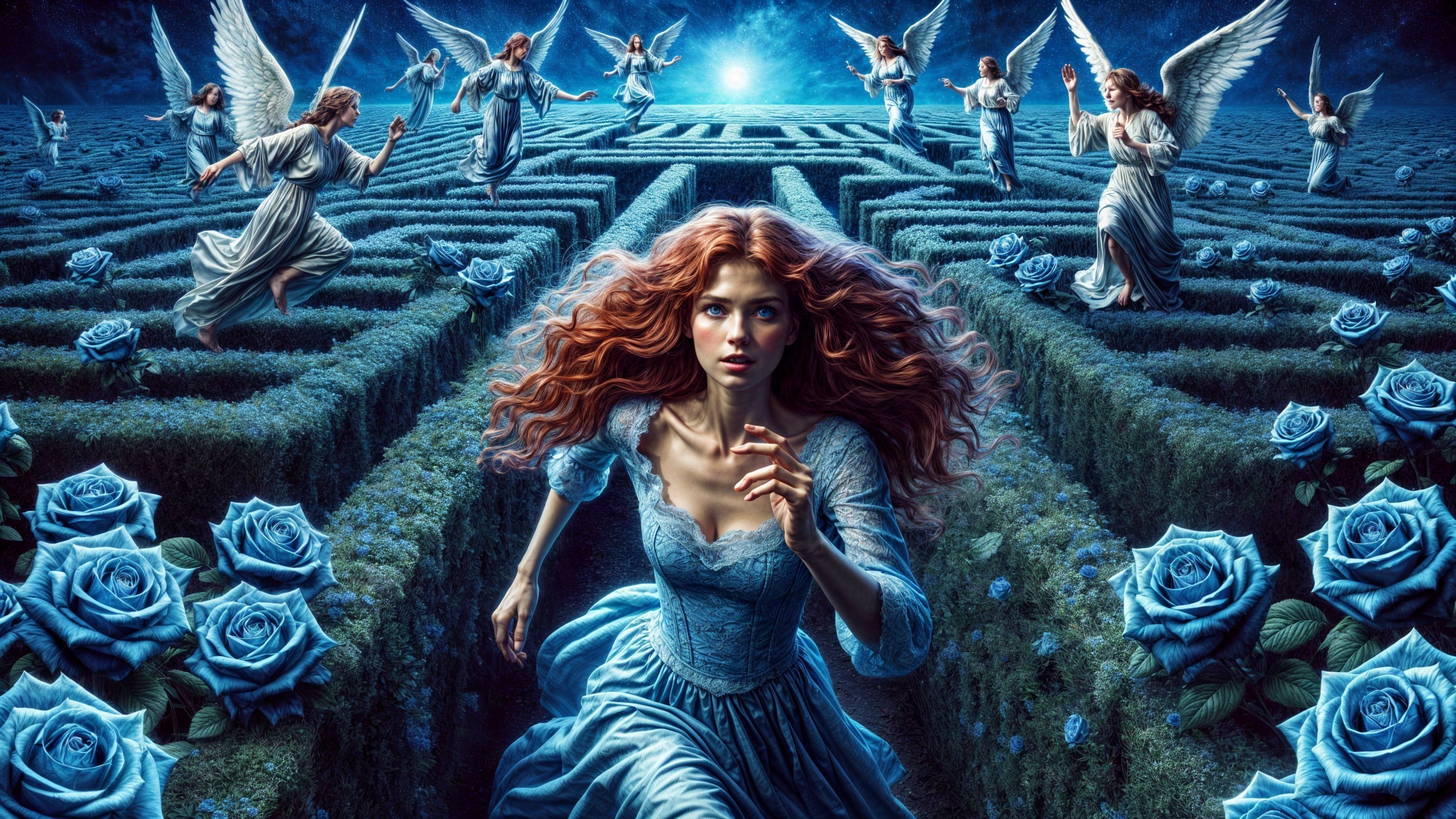 Surreal Landscape with Young Woman and Blue Roses