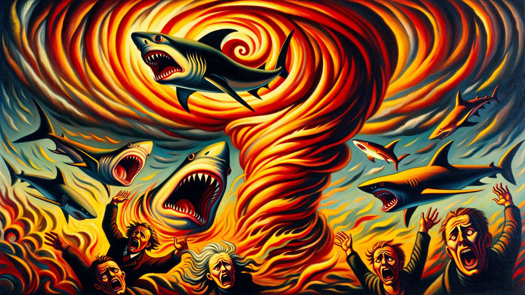 Chaotic Scene of Flames and Sharks in a Vortex