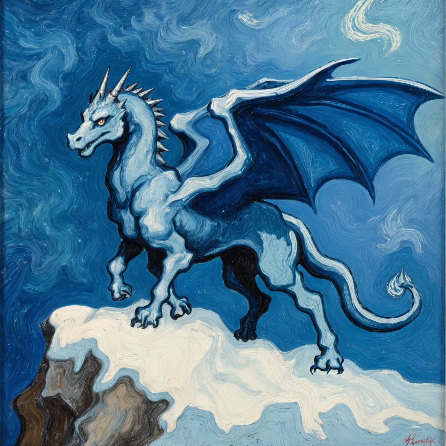 Majestic Blue Dragon on Snowy Cliff with Swirling Sky