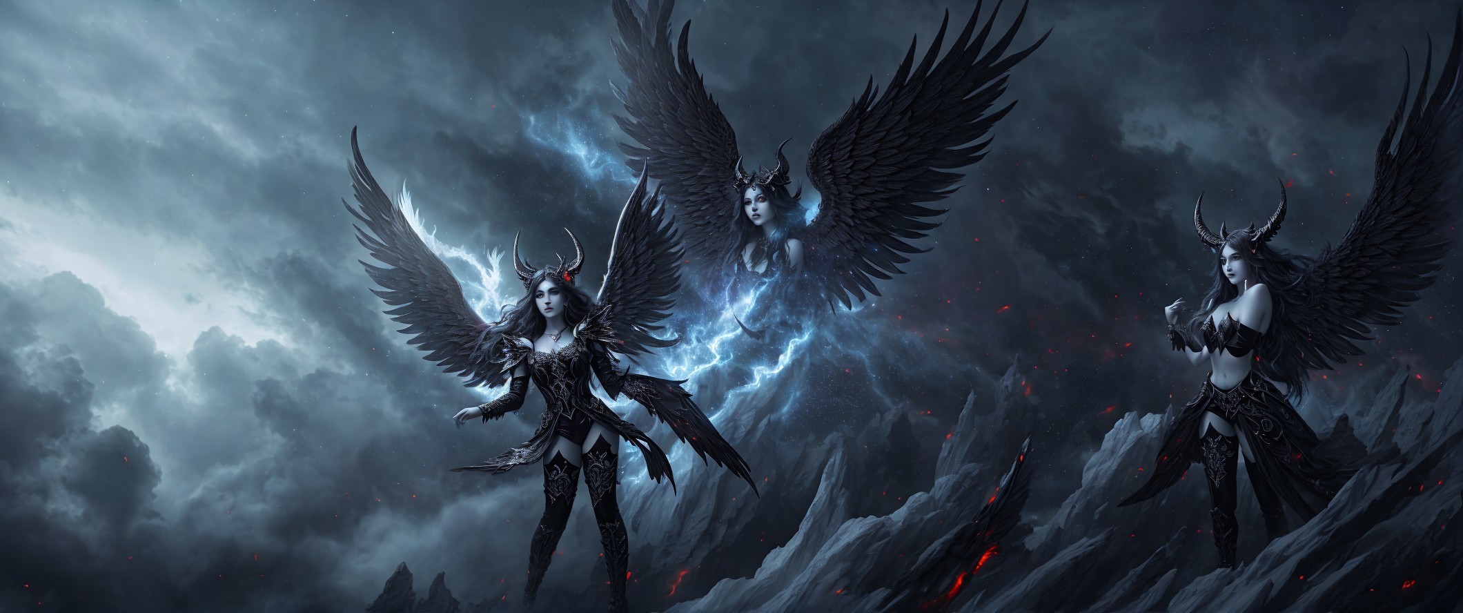 Winged Figures in Dark Armor Against Stormy Sky