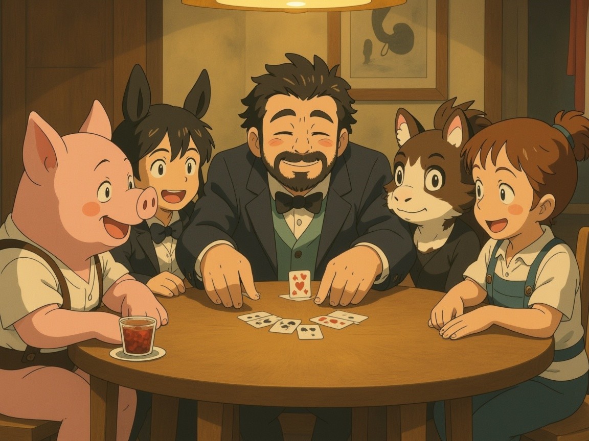 Whimsical Game Night with Five Characters at a Table