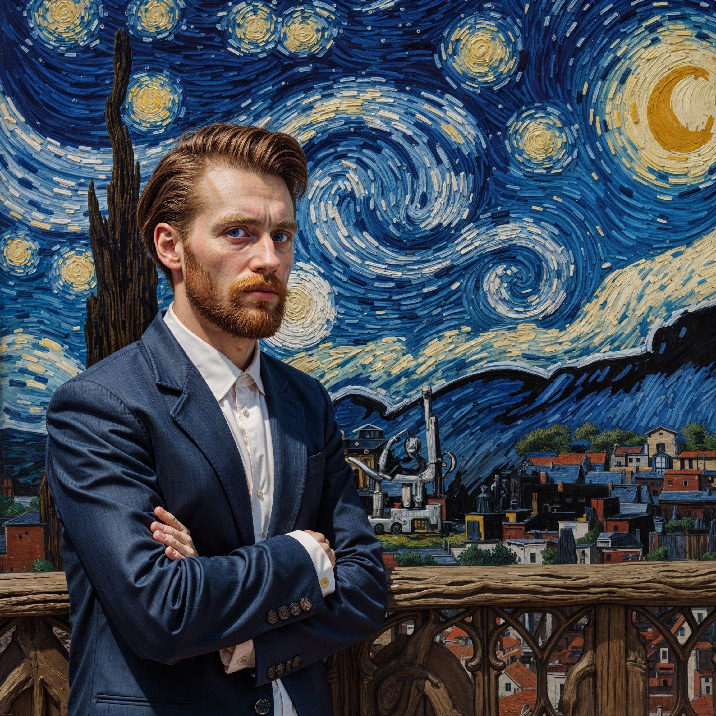 Man in Suit Against Starry Night Background
