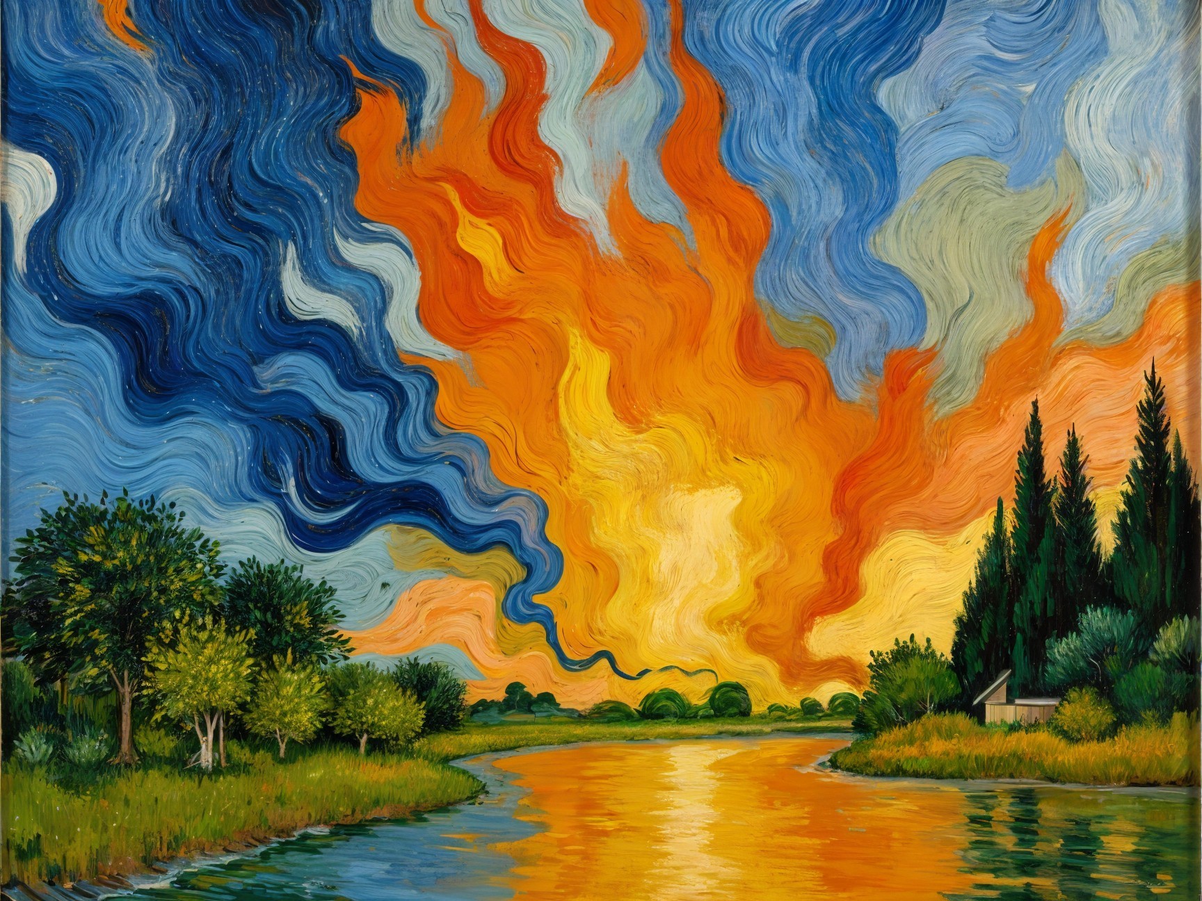 Vibrant Sunset Over Calm River with Lush Greenery