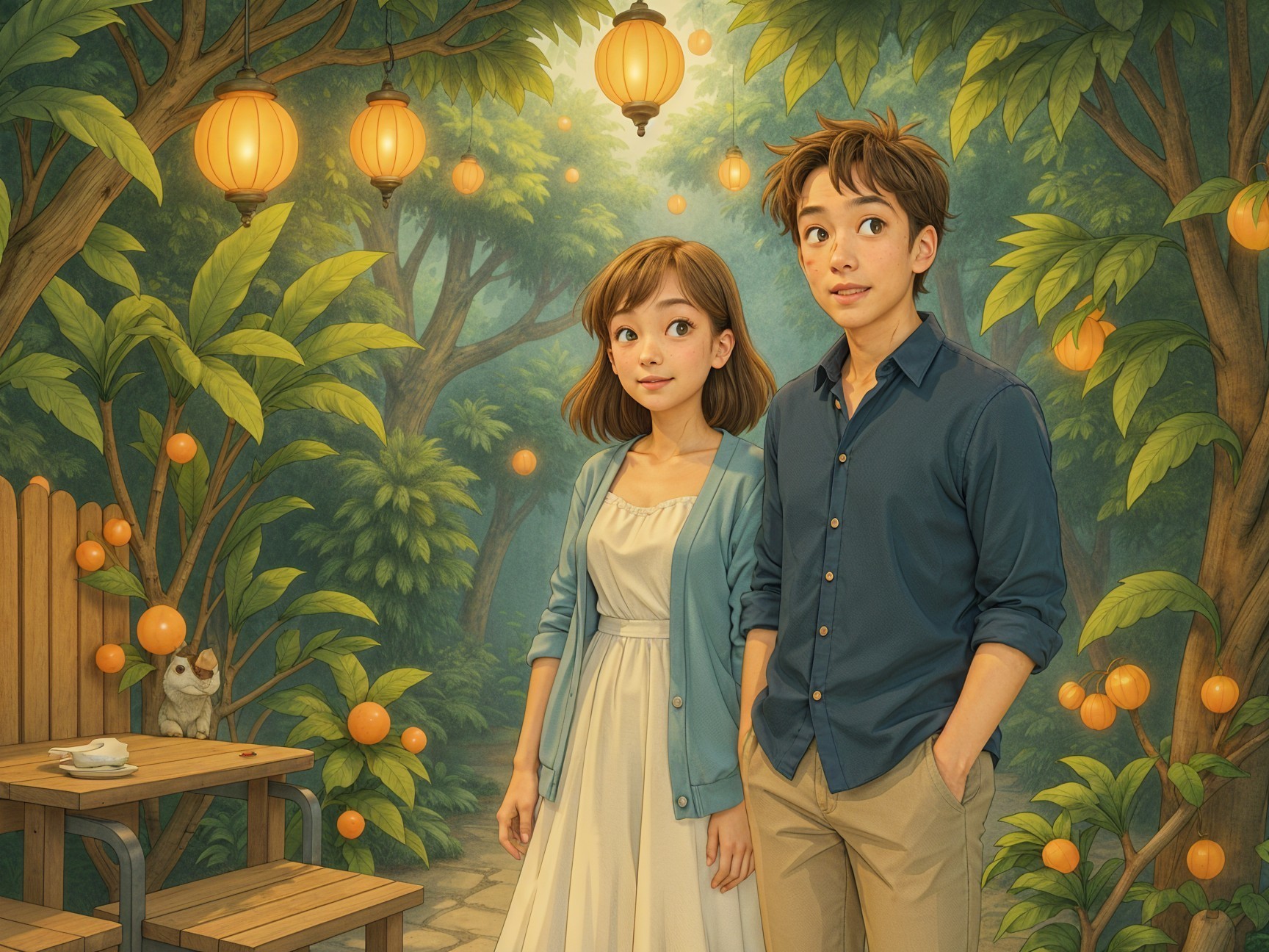 Enchanted Garden Scene with Young Characters and Lanterns