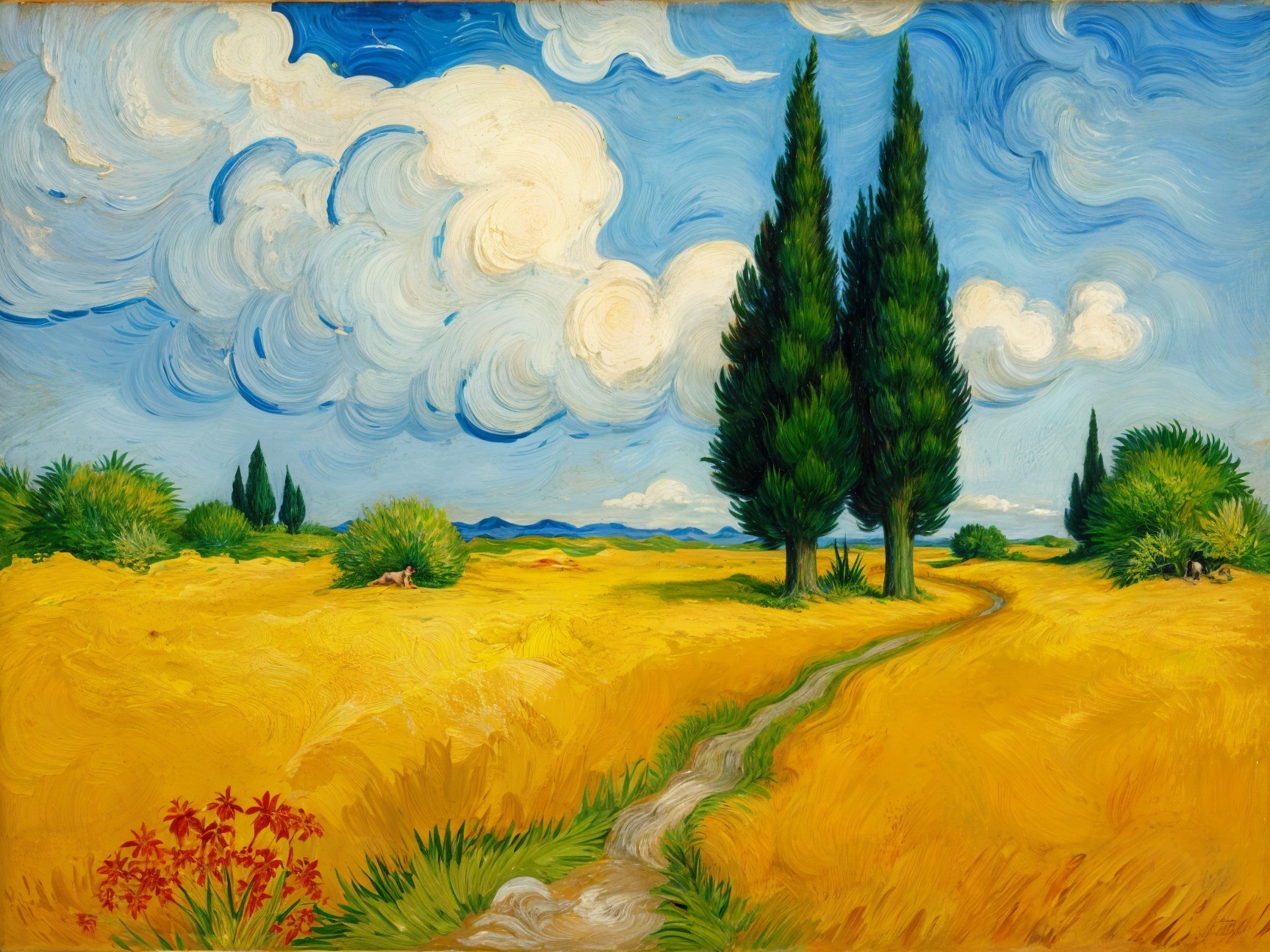 Vibrant Wheat Field Landscape with Cypress Trees