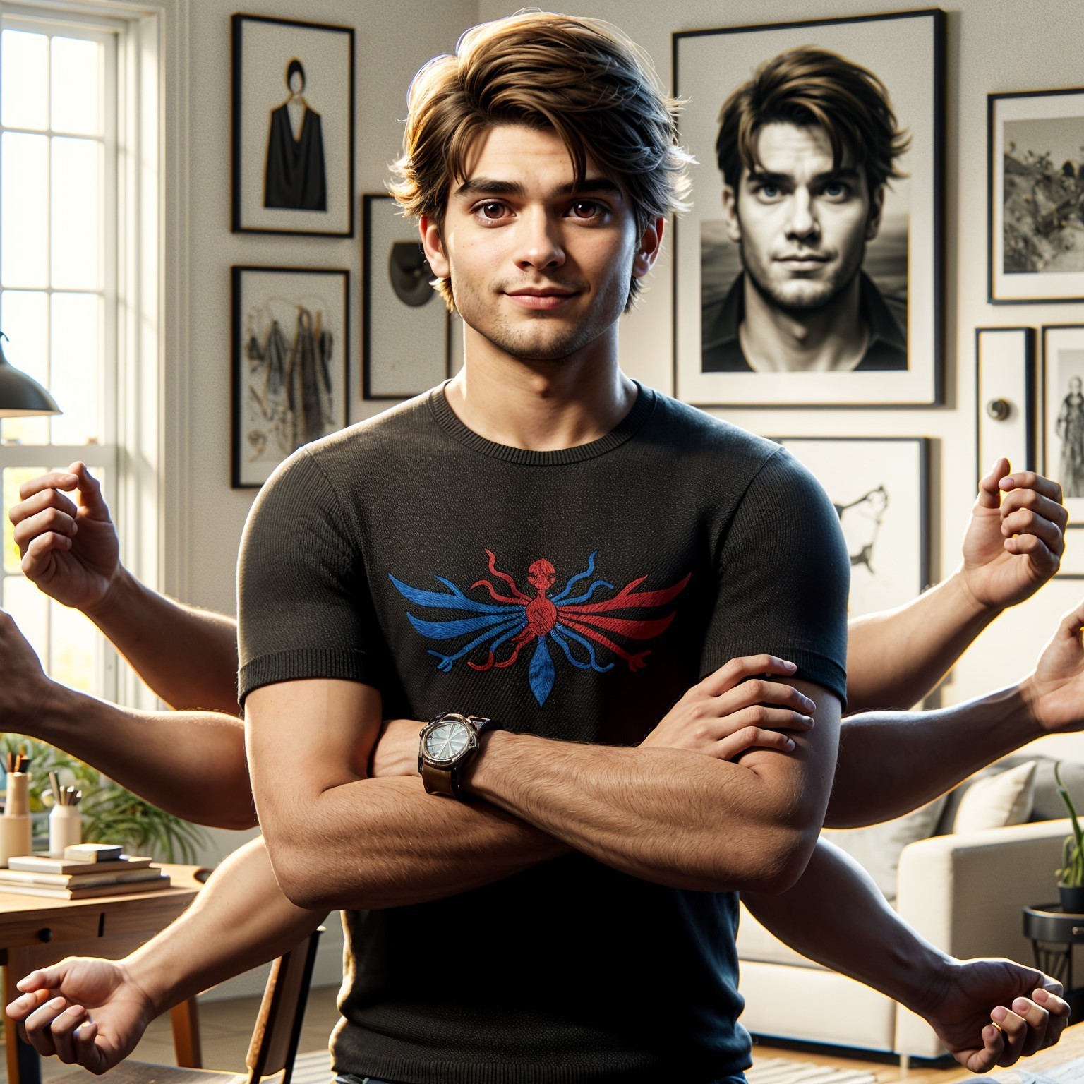 Young Man in Modern Room with Surreal Art Elements