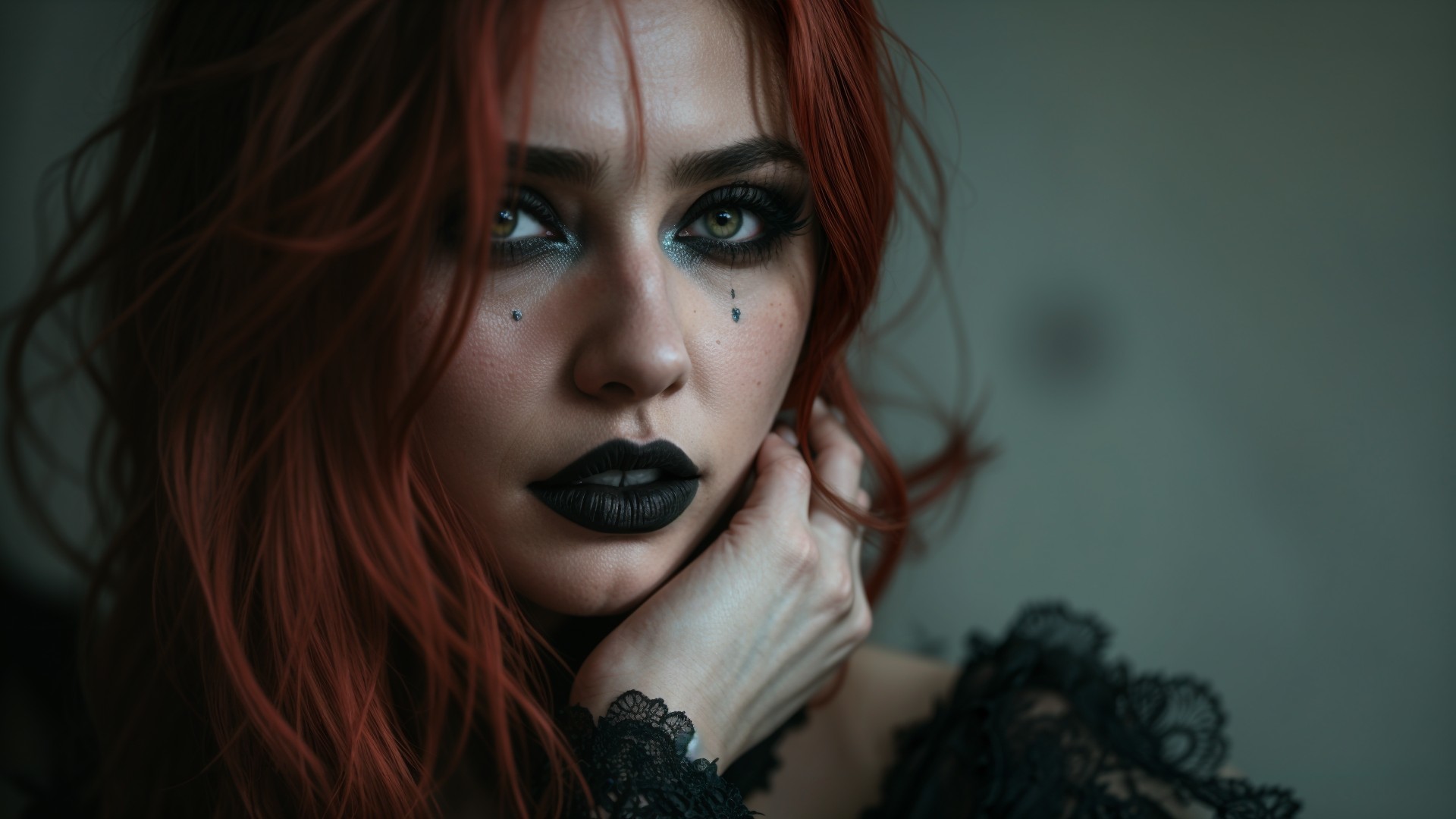 Close-up of a woman with red hair and bold makeup