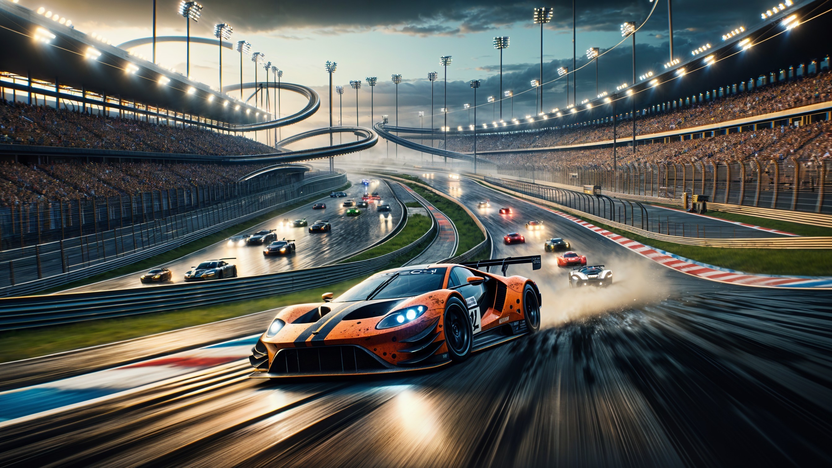 Thrilling Race Scene on a Vibrant Floodlit Track