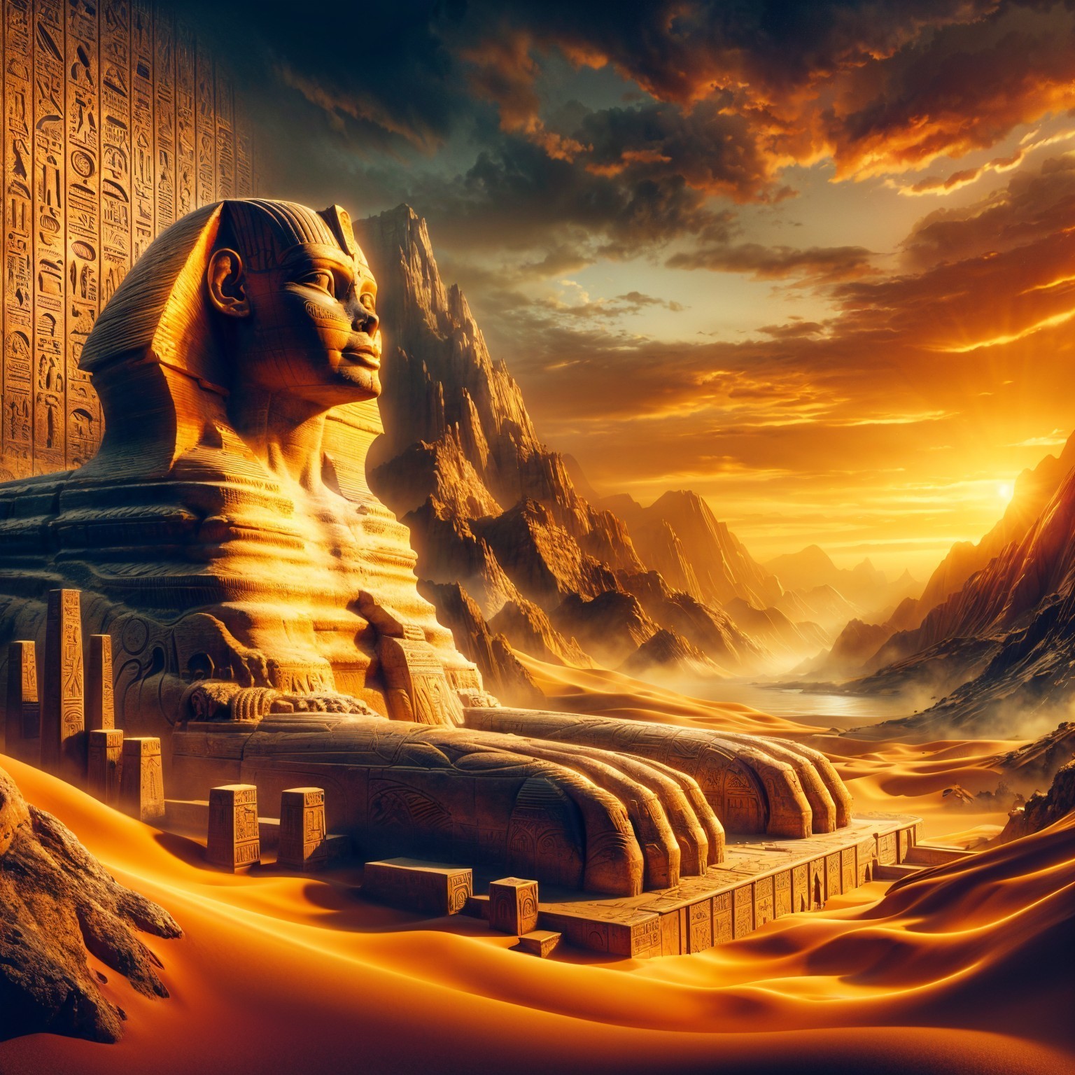 Majestic Sphinx in Golden Desert Landscape at Sunset