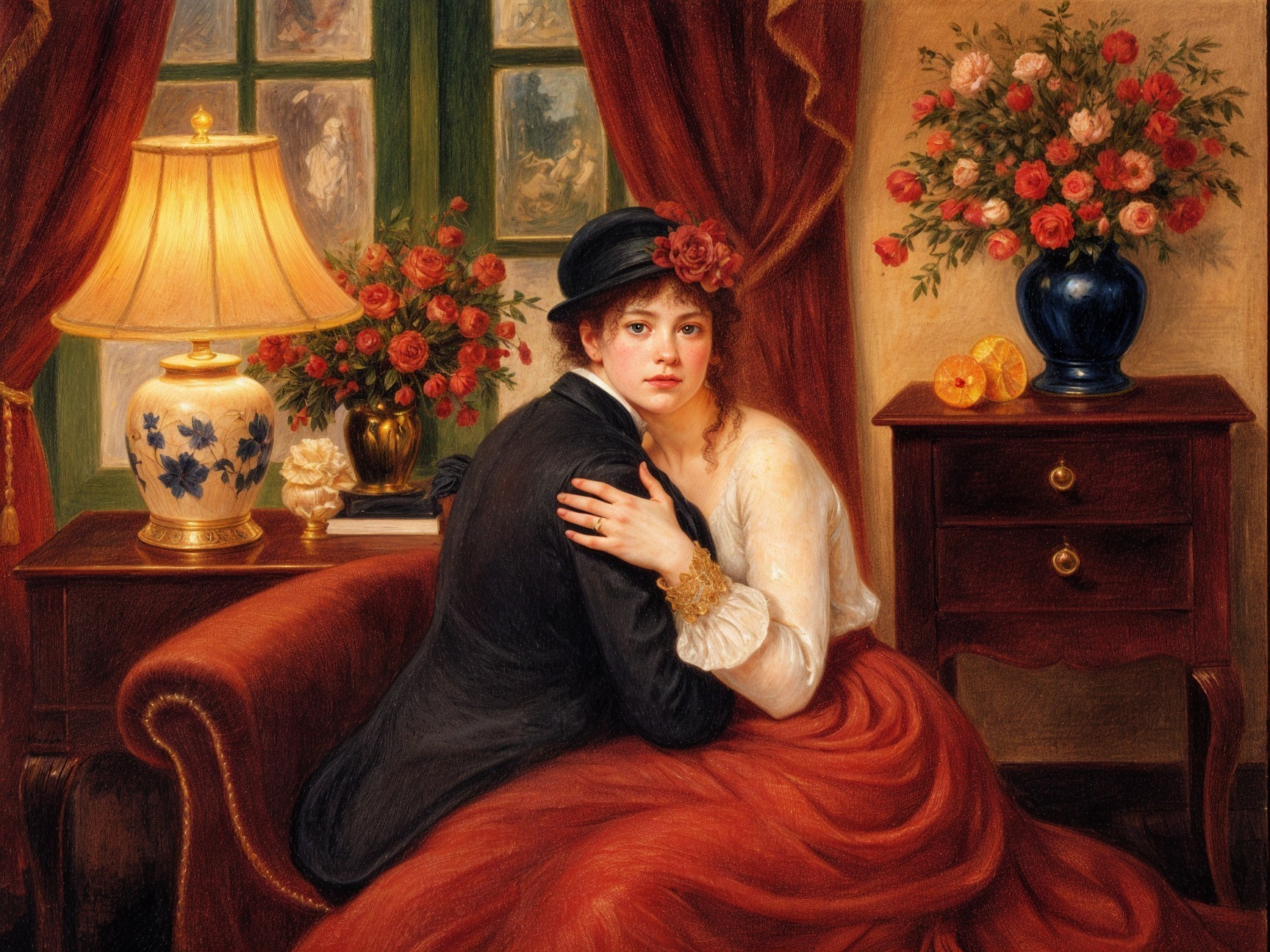 Woman in Red Gown and Man in Intimate Setting