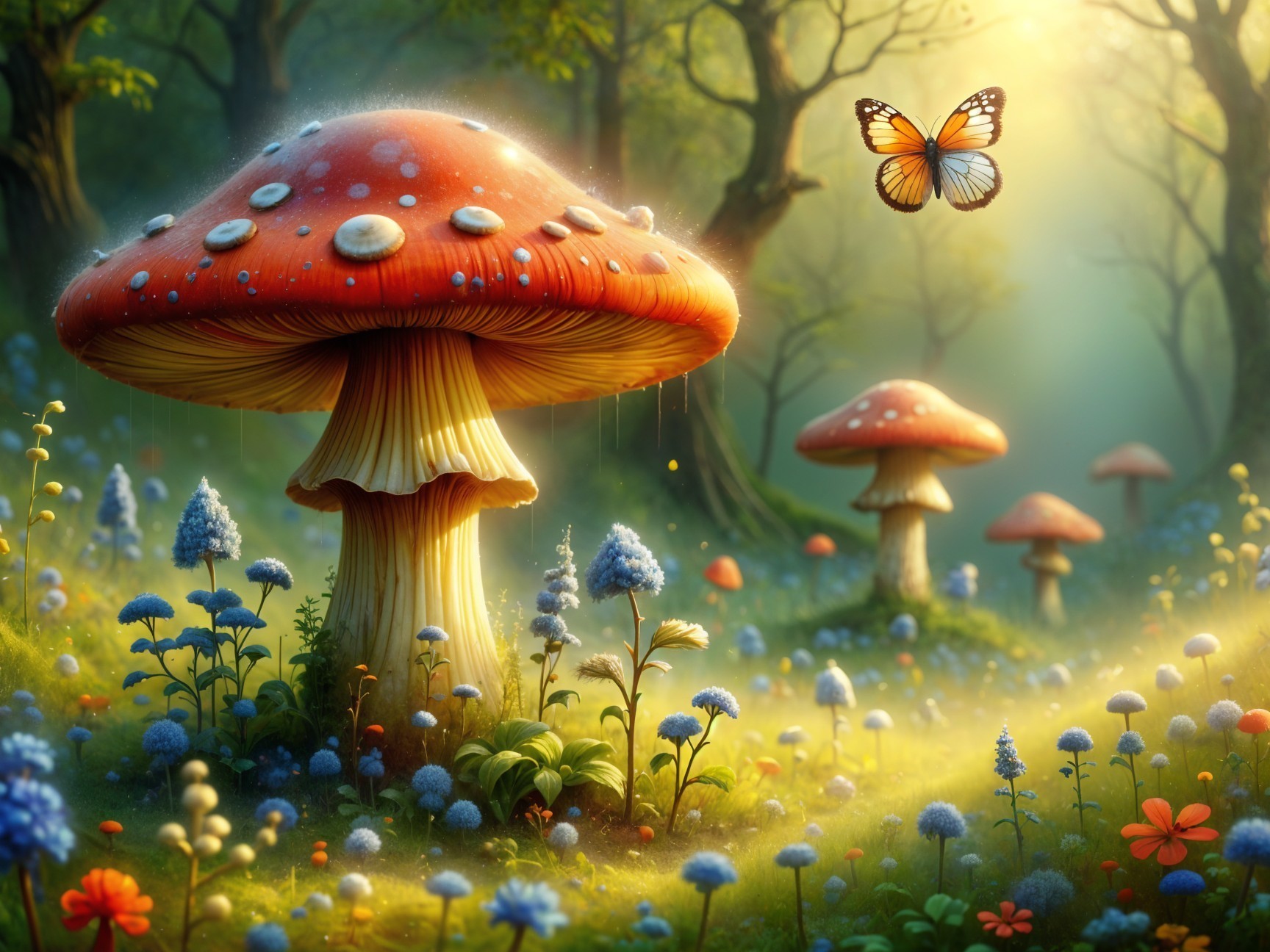 Whimsical Forest Scene with Vibrant Mushrooms and Butterflies