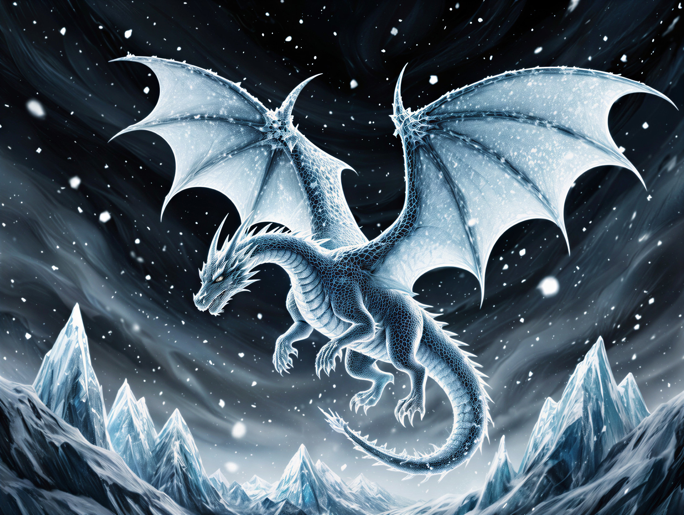 Majestic Ice Dragon in Stormy Sky with Snowy Mountains
