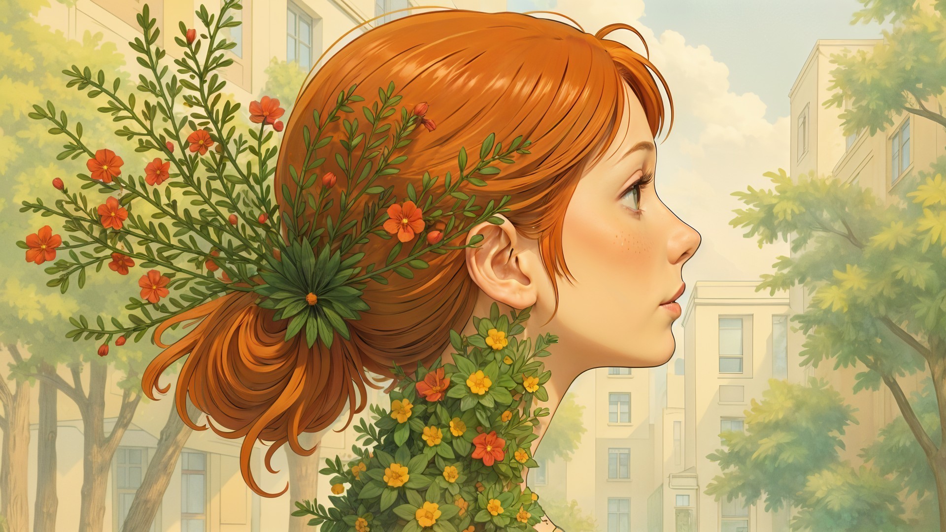 Profile of a Young Woman with Red Hair and Flowers