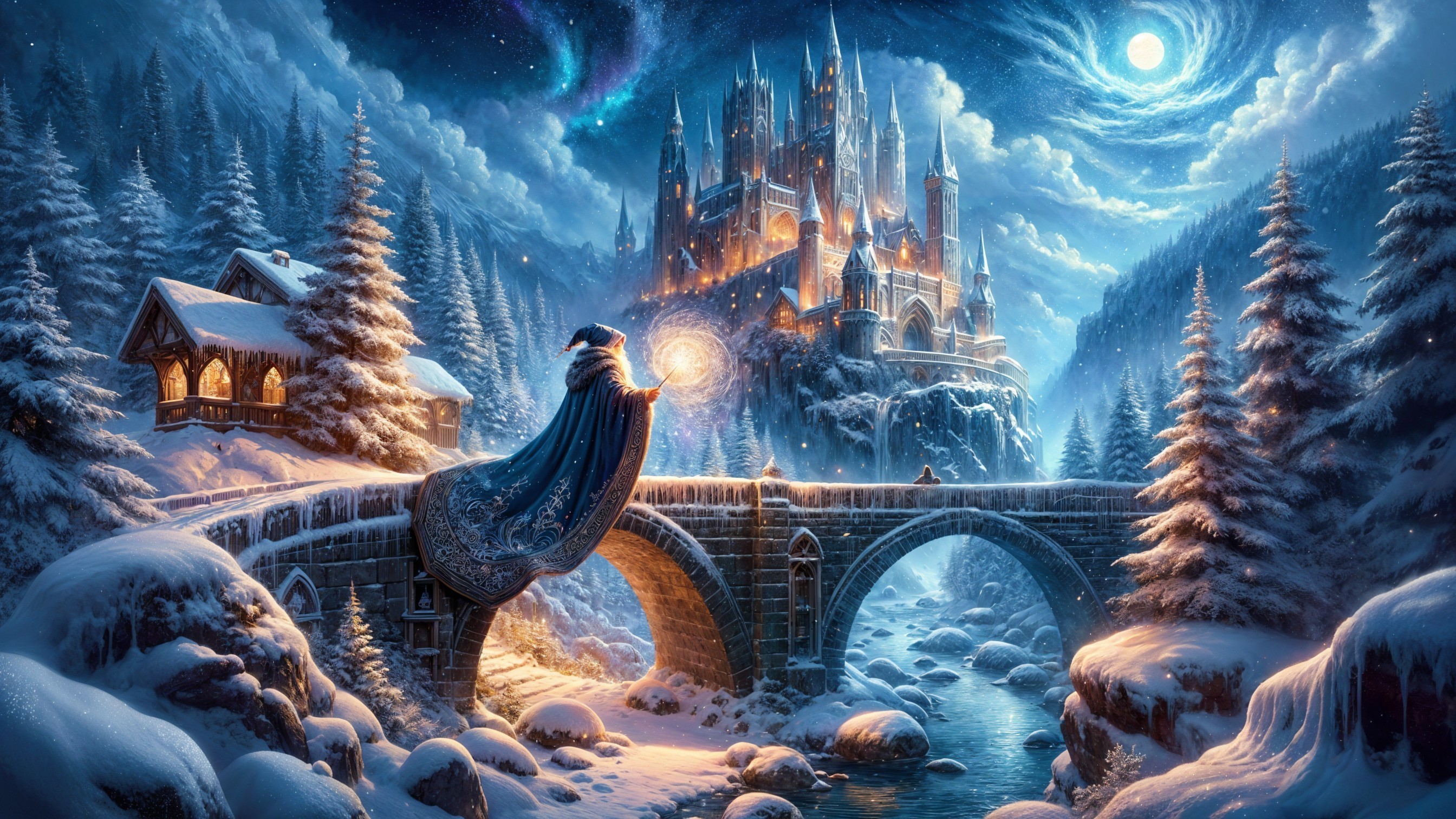 Majestic winter scene with cloaked figure and castle