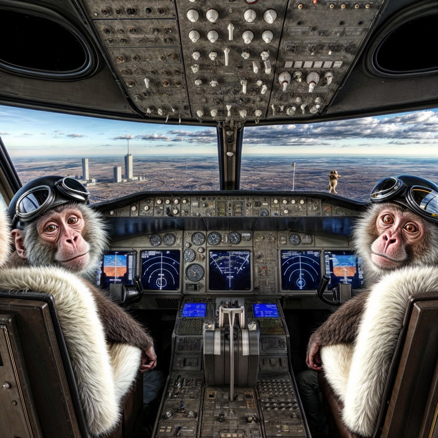 Monkeys in Aviator Goggles in Airplane Cockpit Scene