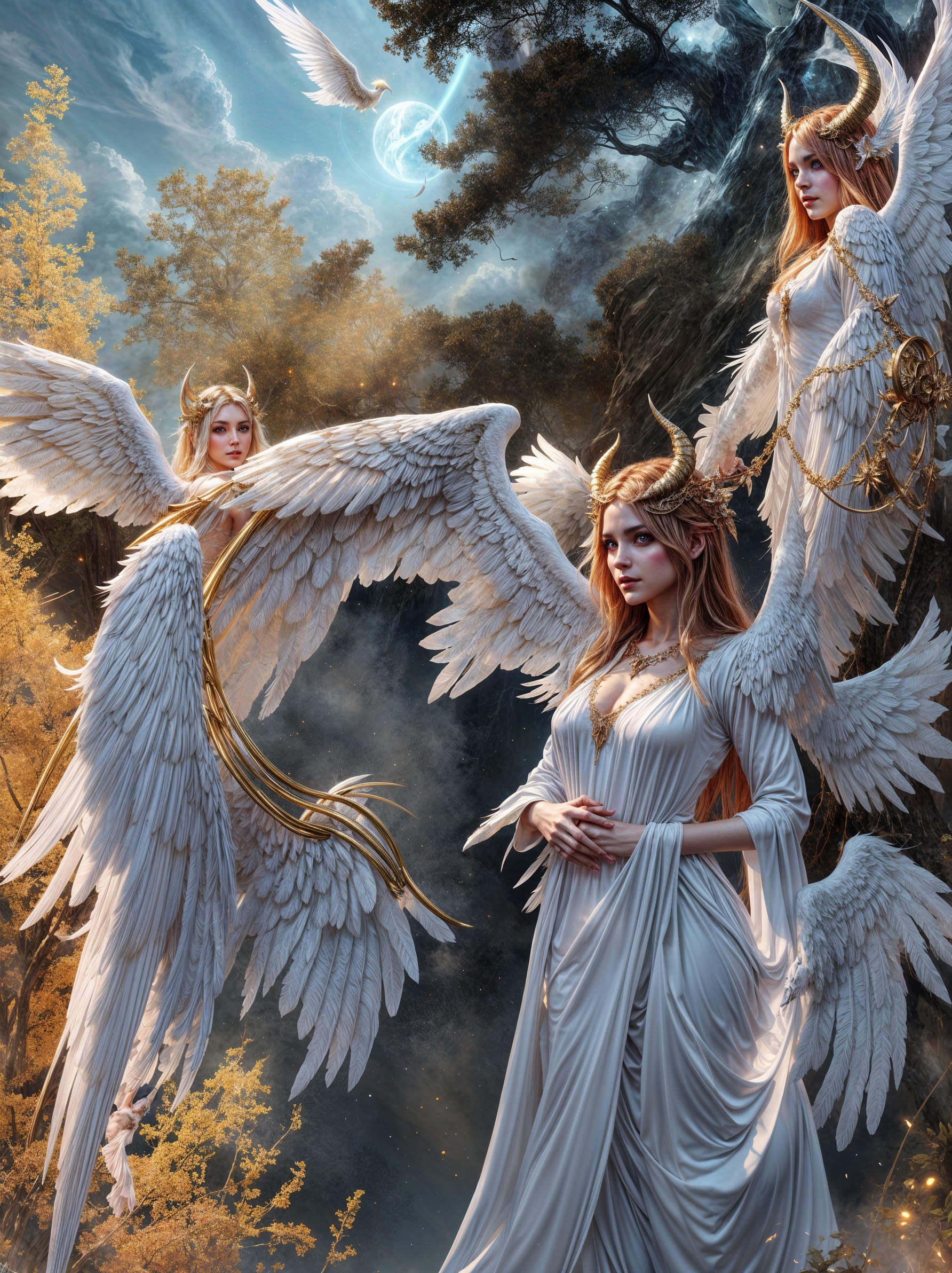 Winged Figures in a Mystical Moonlit Landscape