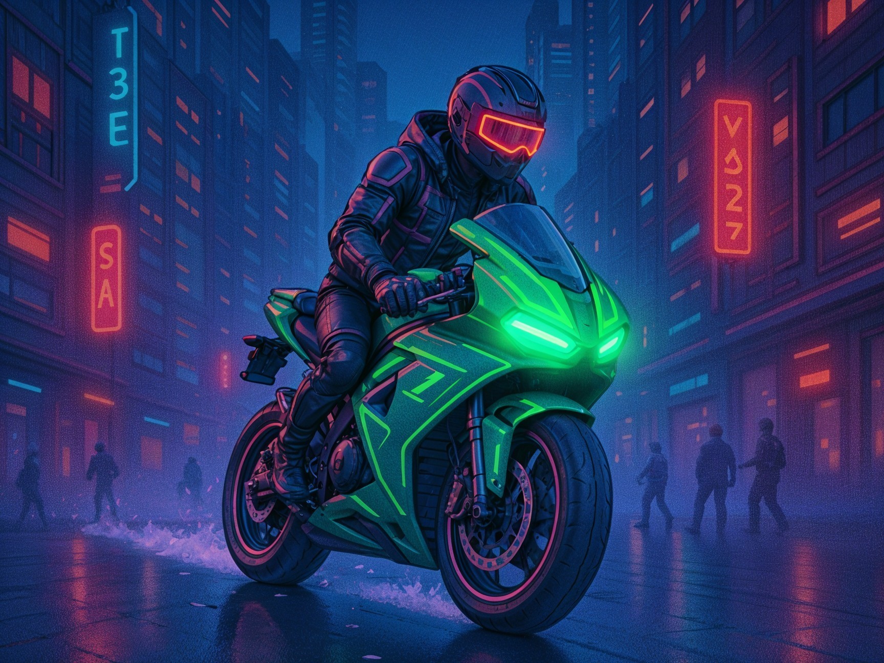 Futuristic Urban Scene with Neon Motorcycle and Lights