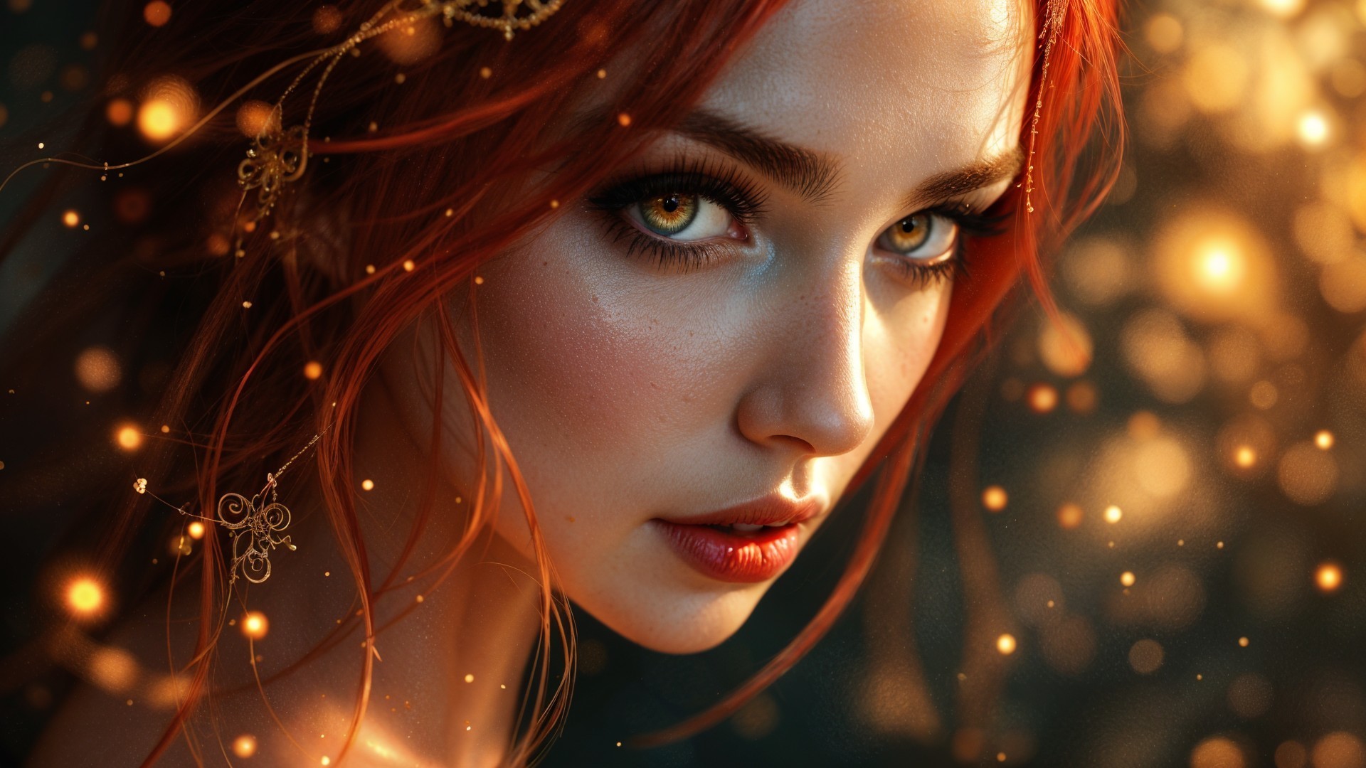 Close-up portrait of a woman with golden eyes and red hair