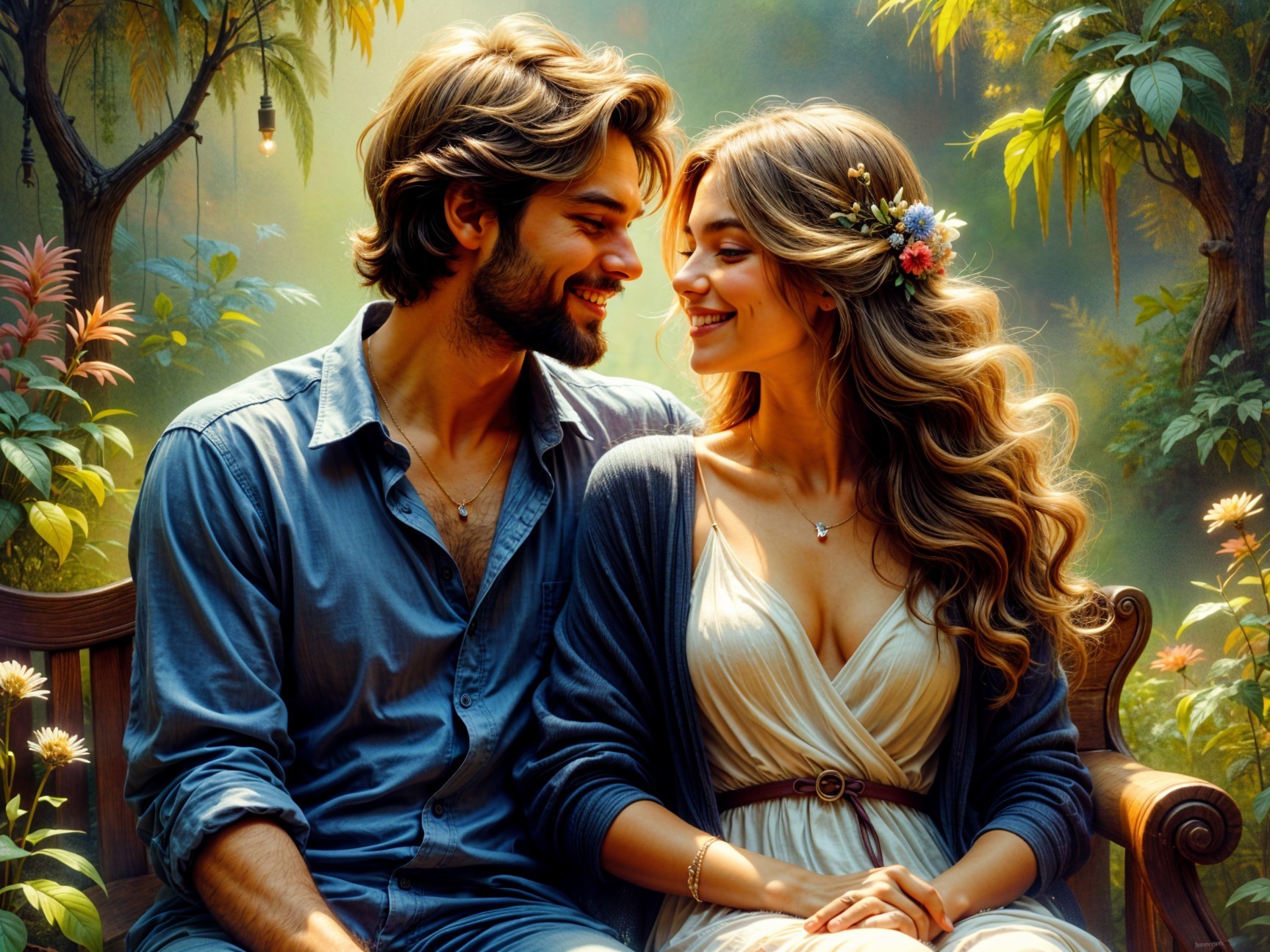Couple on Bench in Vibrant Garden Setting
