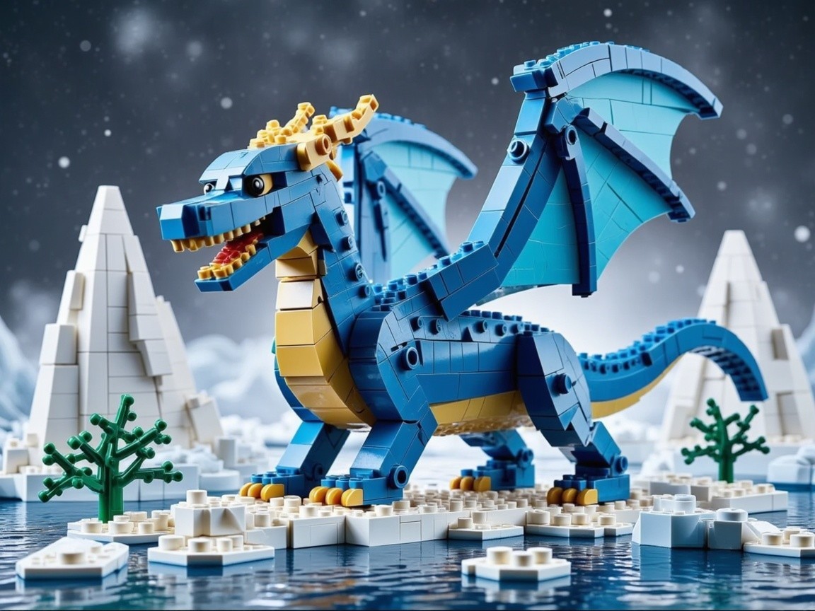 Vibrant Blue LEGO Dragon in Icy Landscape Scene