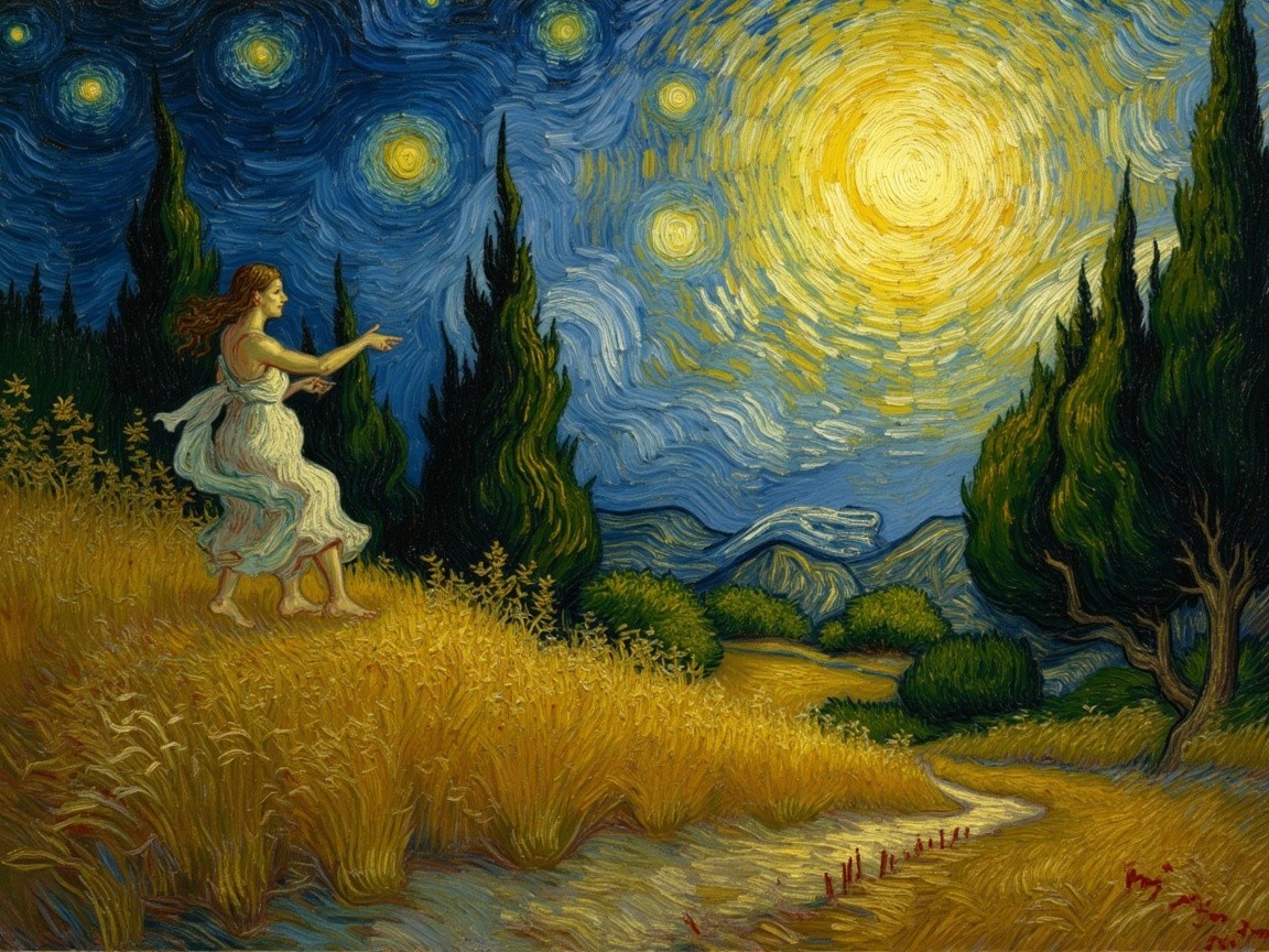 Woman in White Dress in Golden Field Under Night Sky