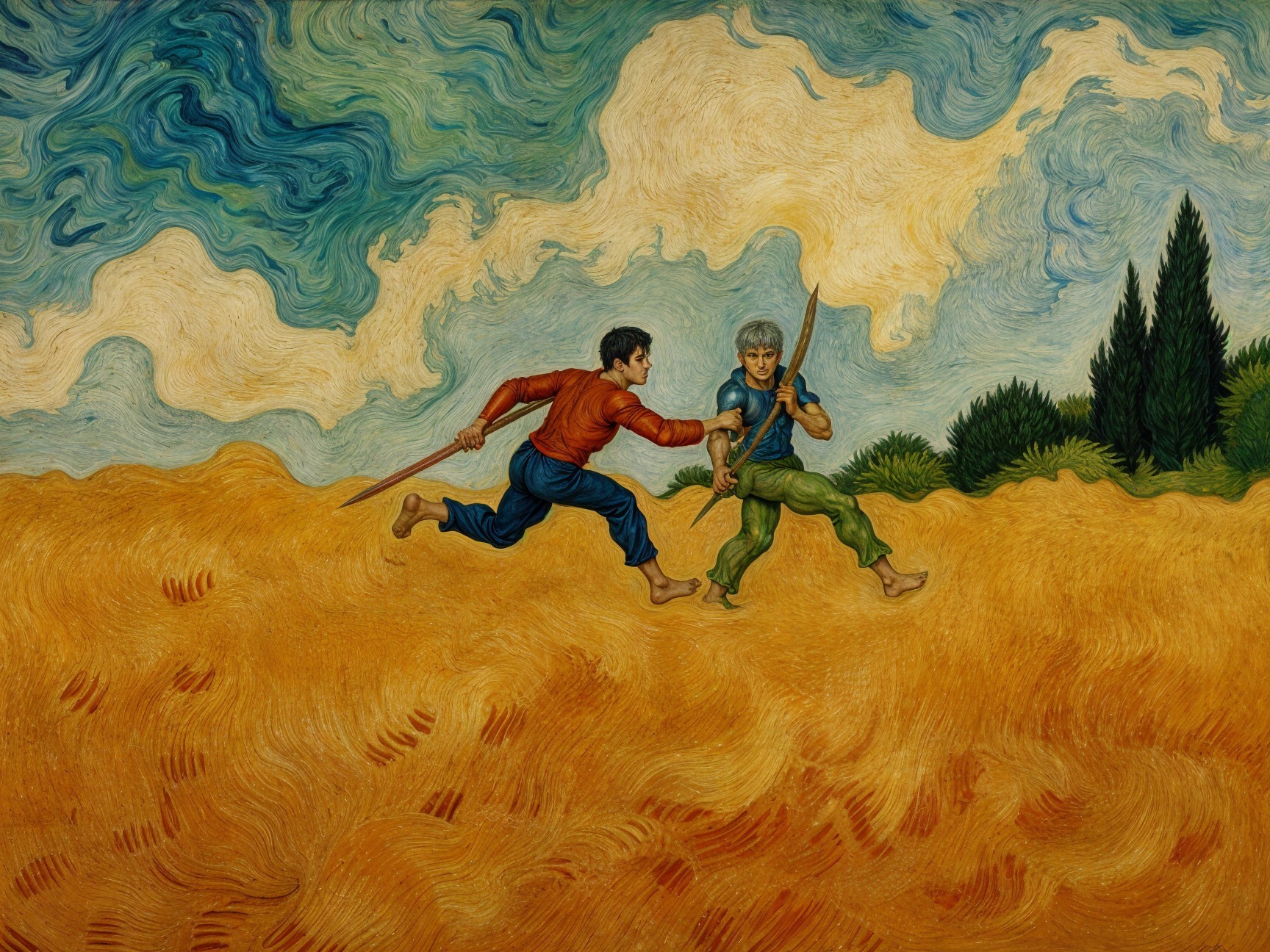 Figures Running in a Vibrant Field with Clouds