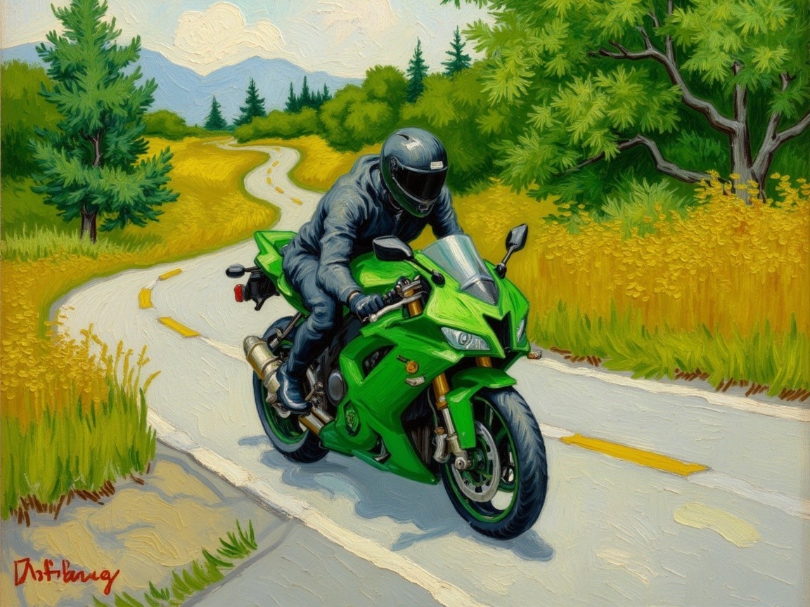 Motorcyclist on Green Sport Bike Amidst Scenic Landscape