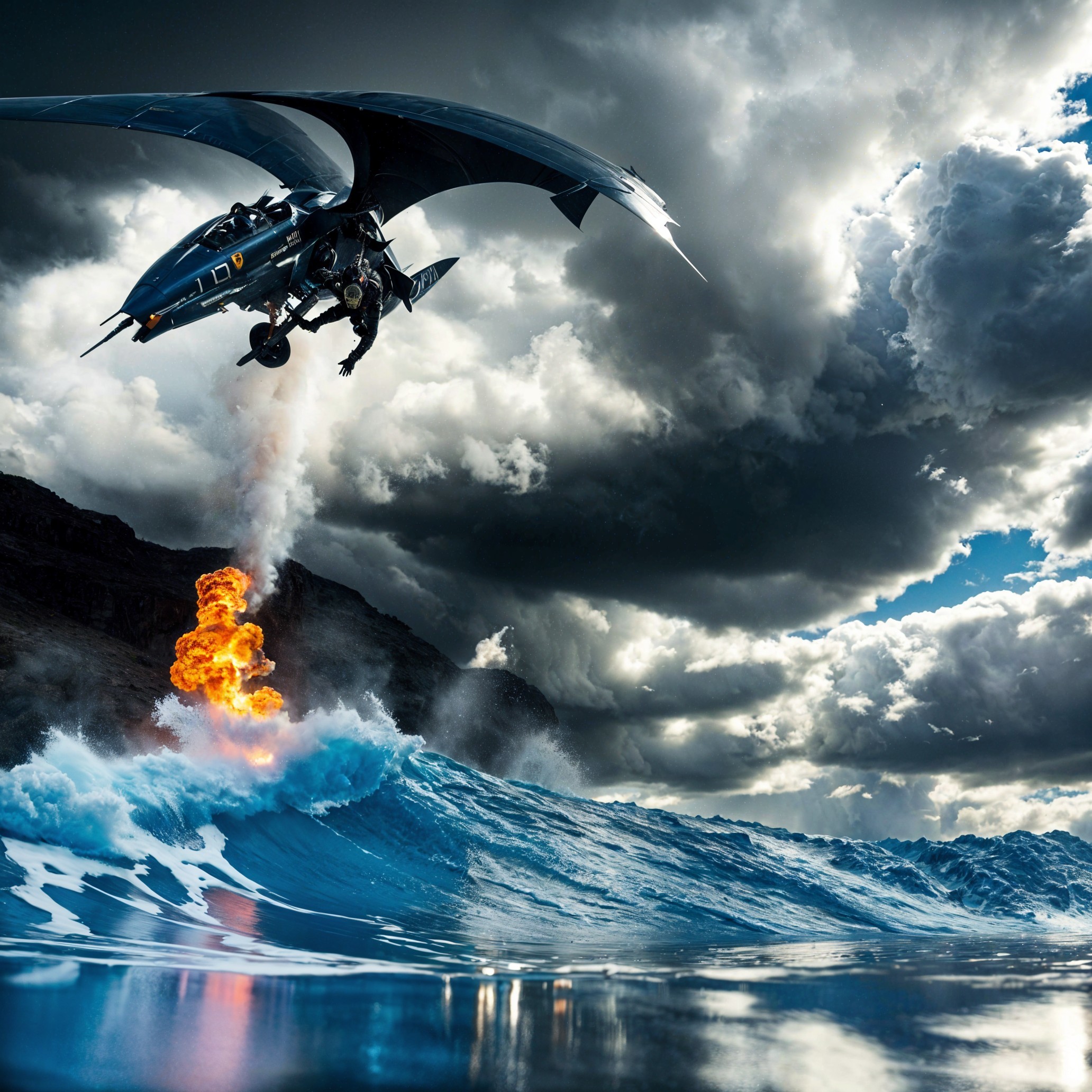 Futuristic flying machine over turbulent ocean scene