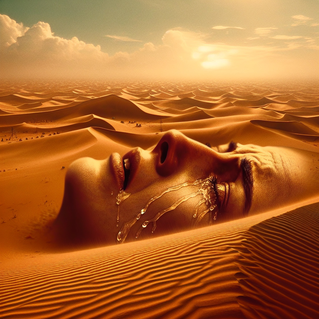 Surreal Desert Scene with Embedded Face and Tears