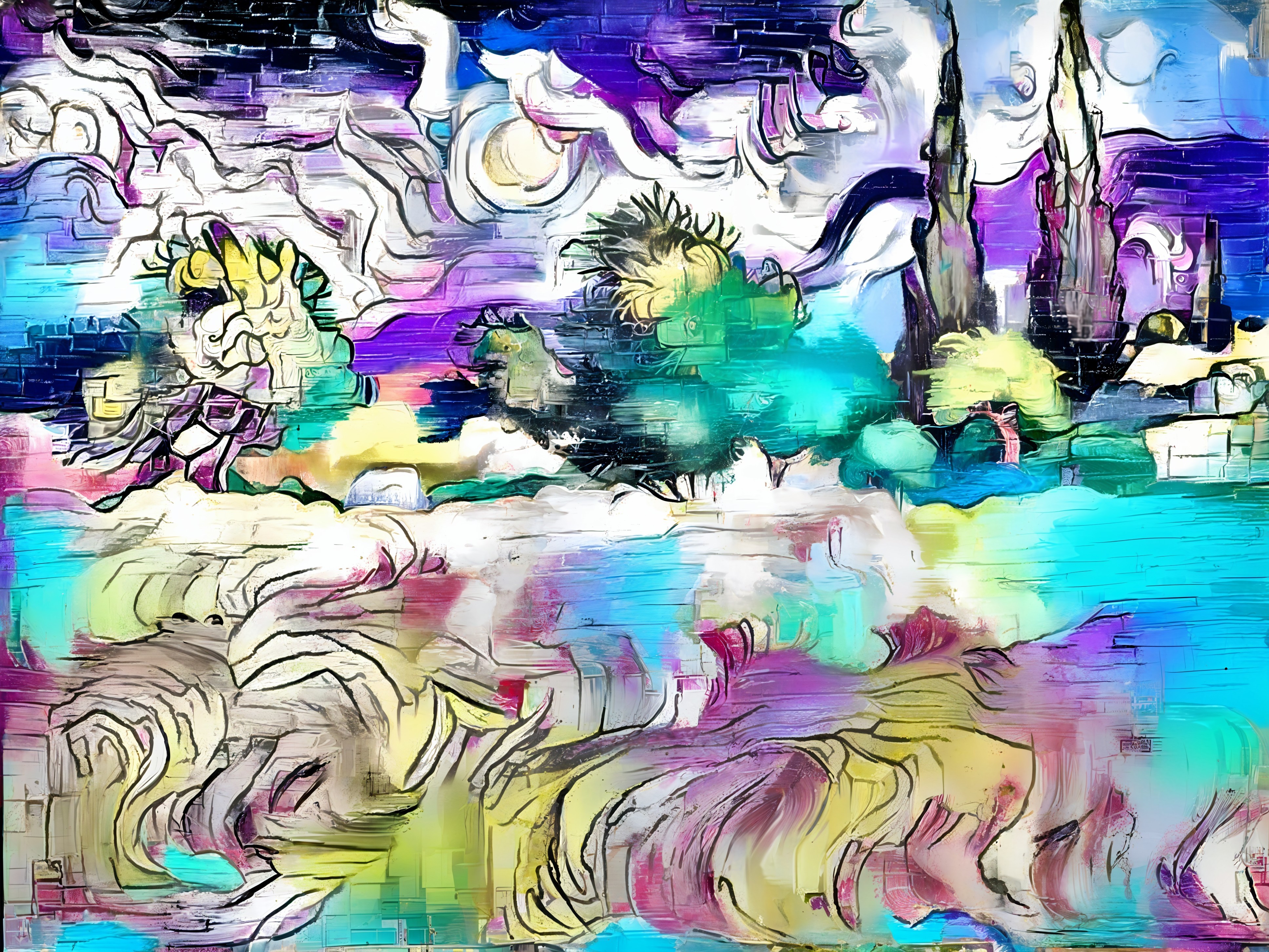 Vibrant Abstract Landscape with Swirling Clouds