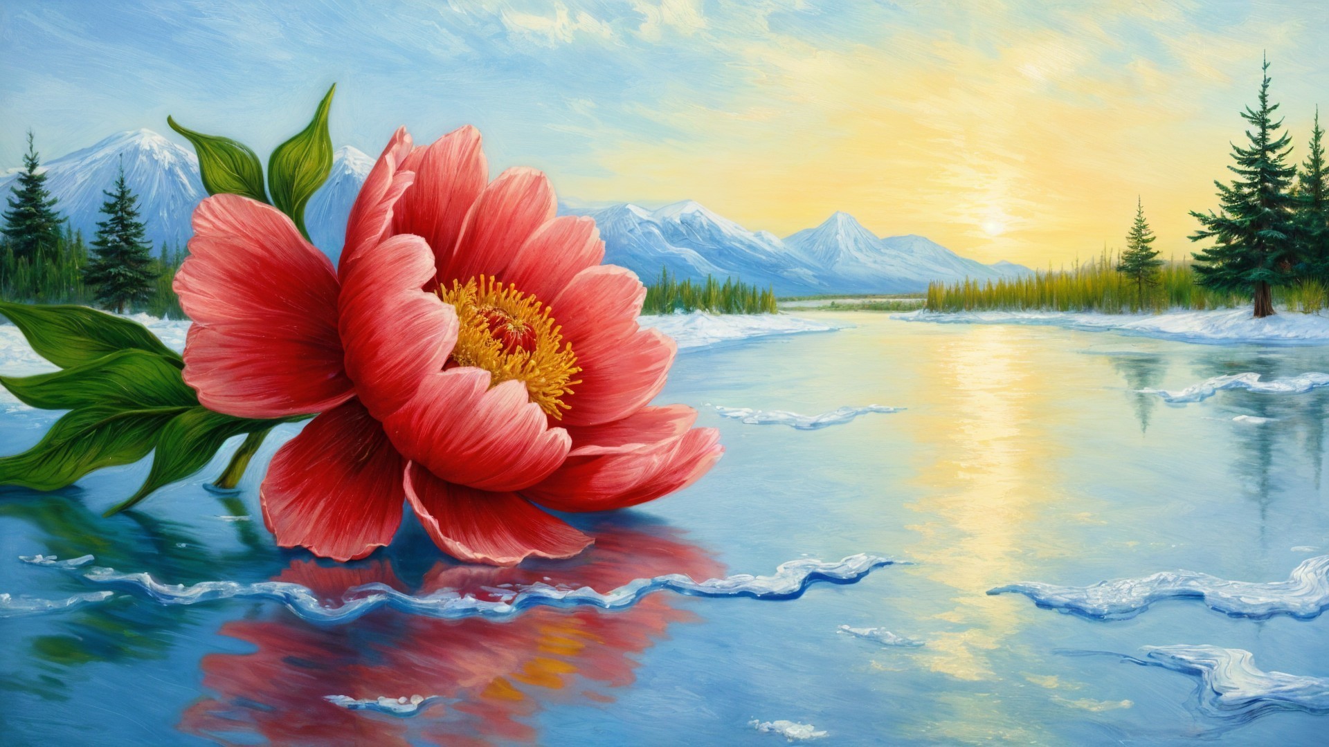 Vibrant Pink Peony in Serene Winter Landscape